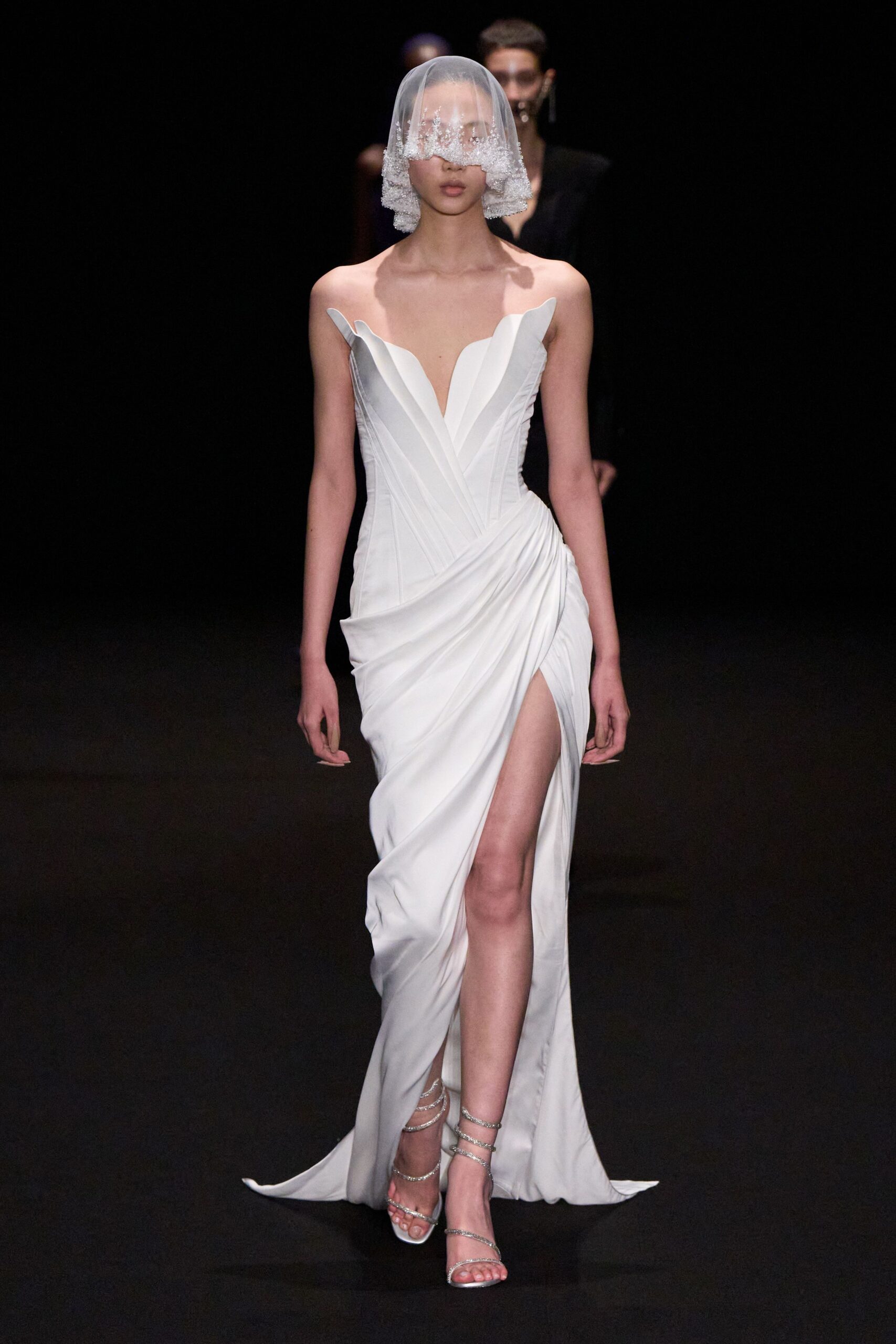 white silk strapless high-neck fitted draped maxi gown