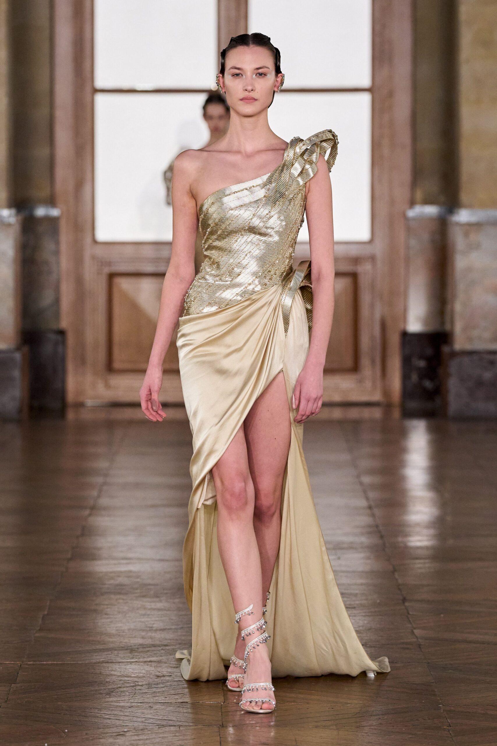 gold silk sleeveless asymmetric fitted draped ruched gown