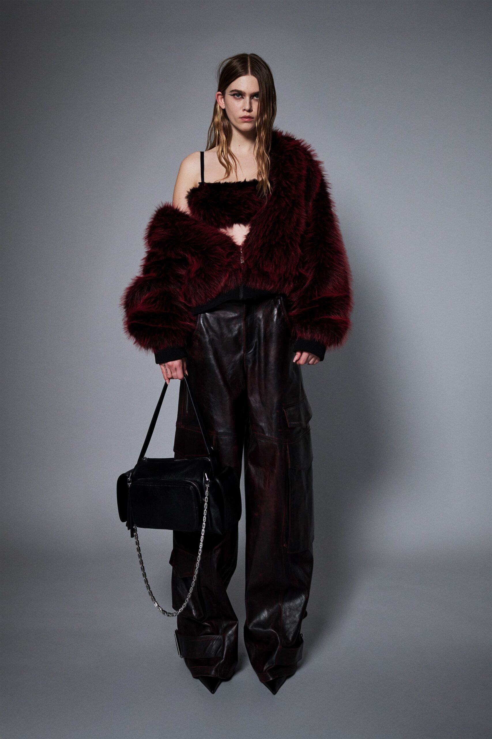 red faux-fur oversized jacket
