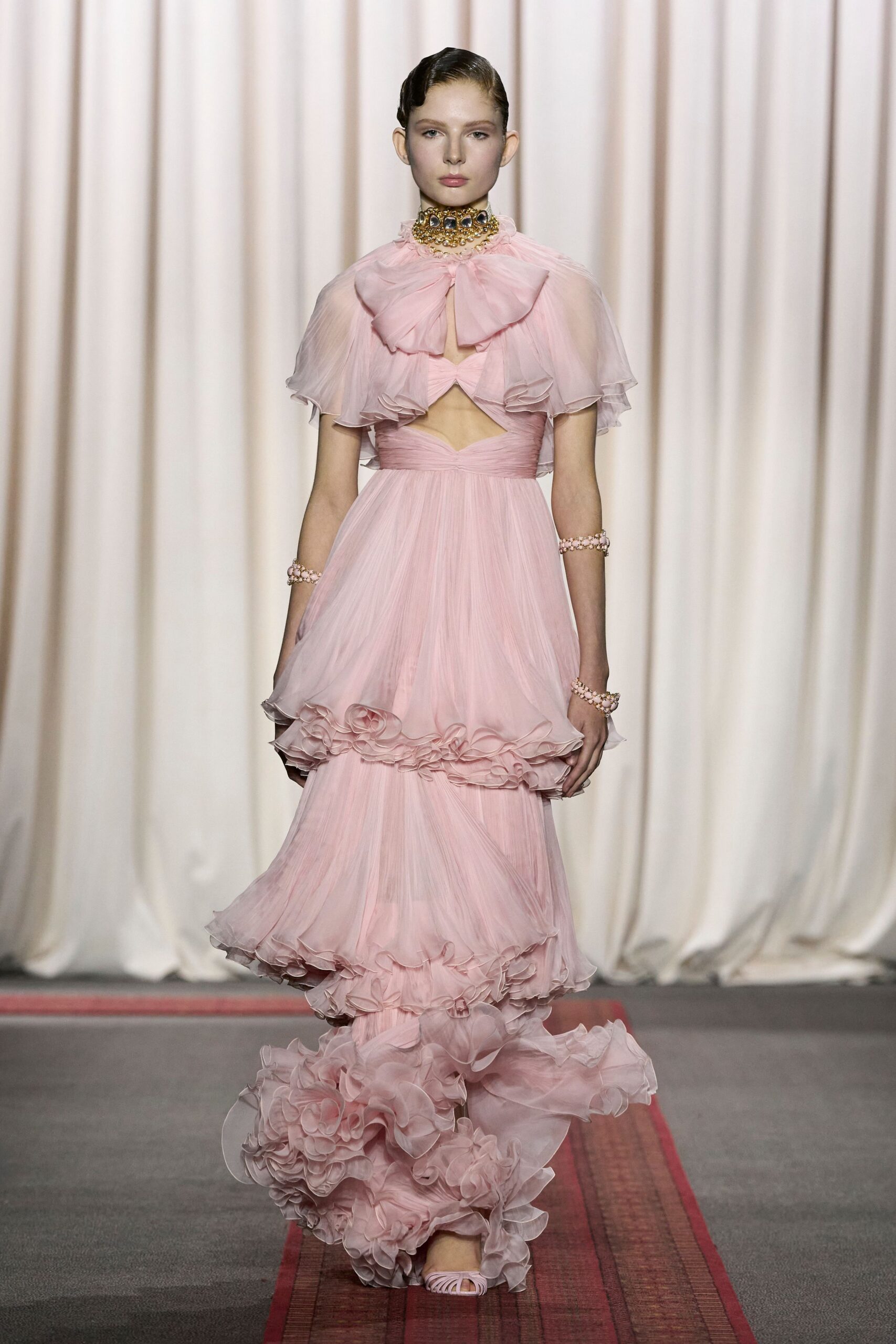 pink chiffon ruffled gown
