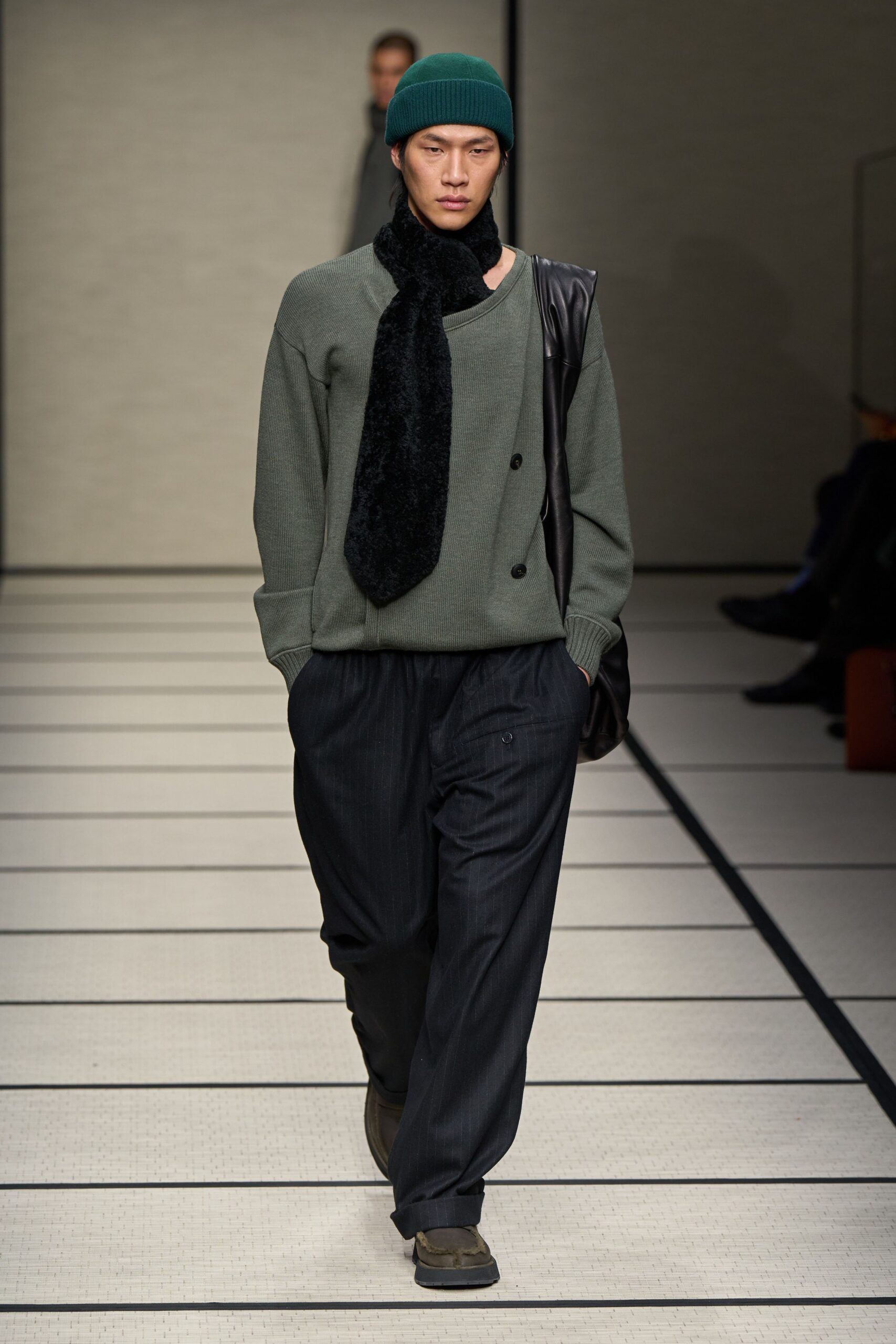 green wool long-sleeve v-neck relaxed sweater