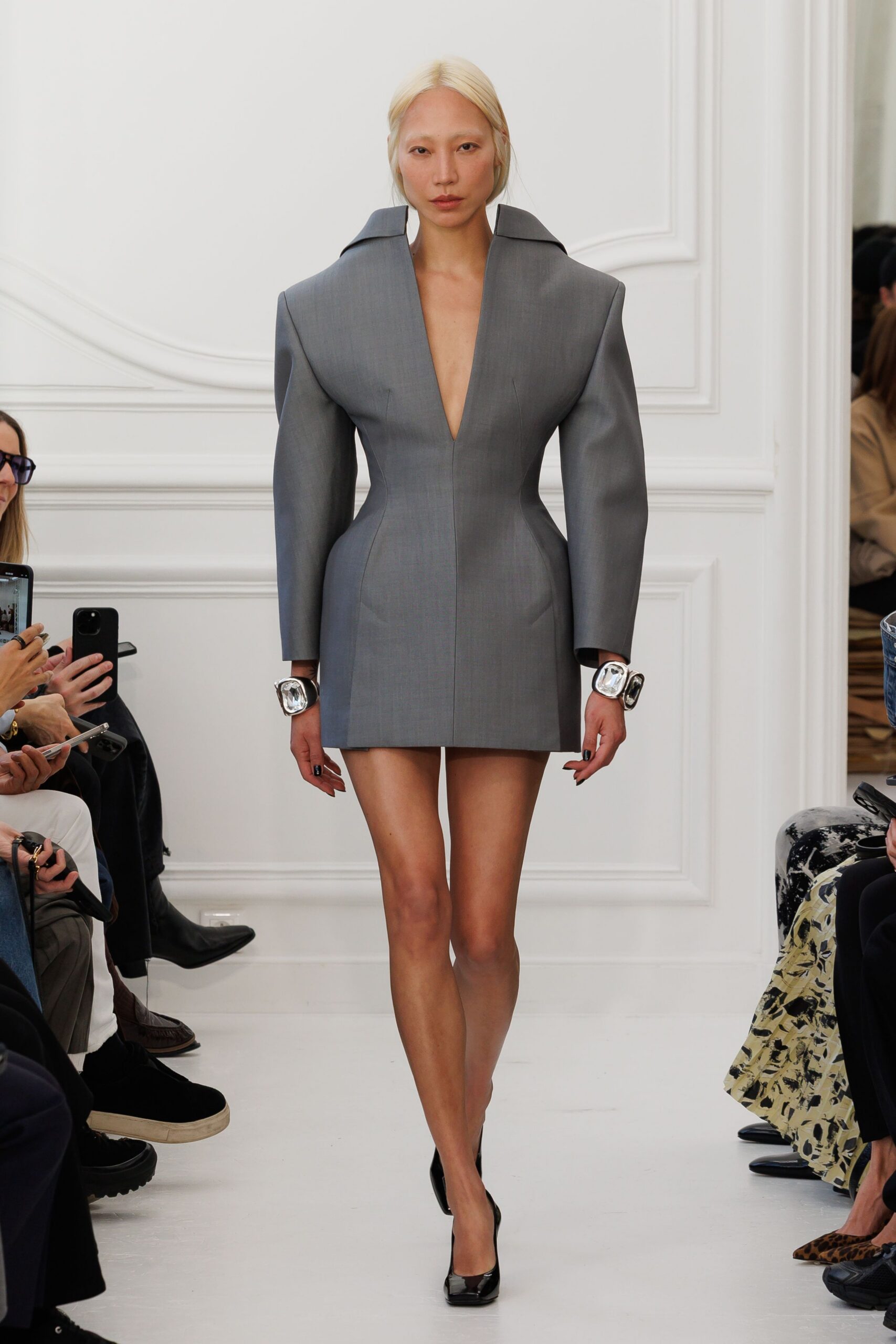 gray cotton long-sleeve v-neck fitted structured mini dress