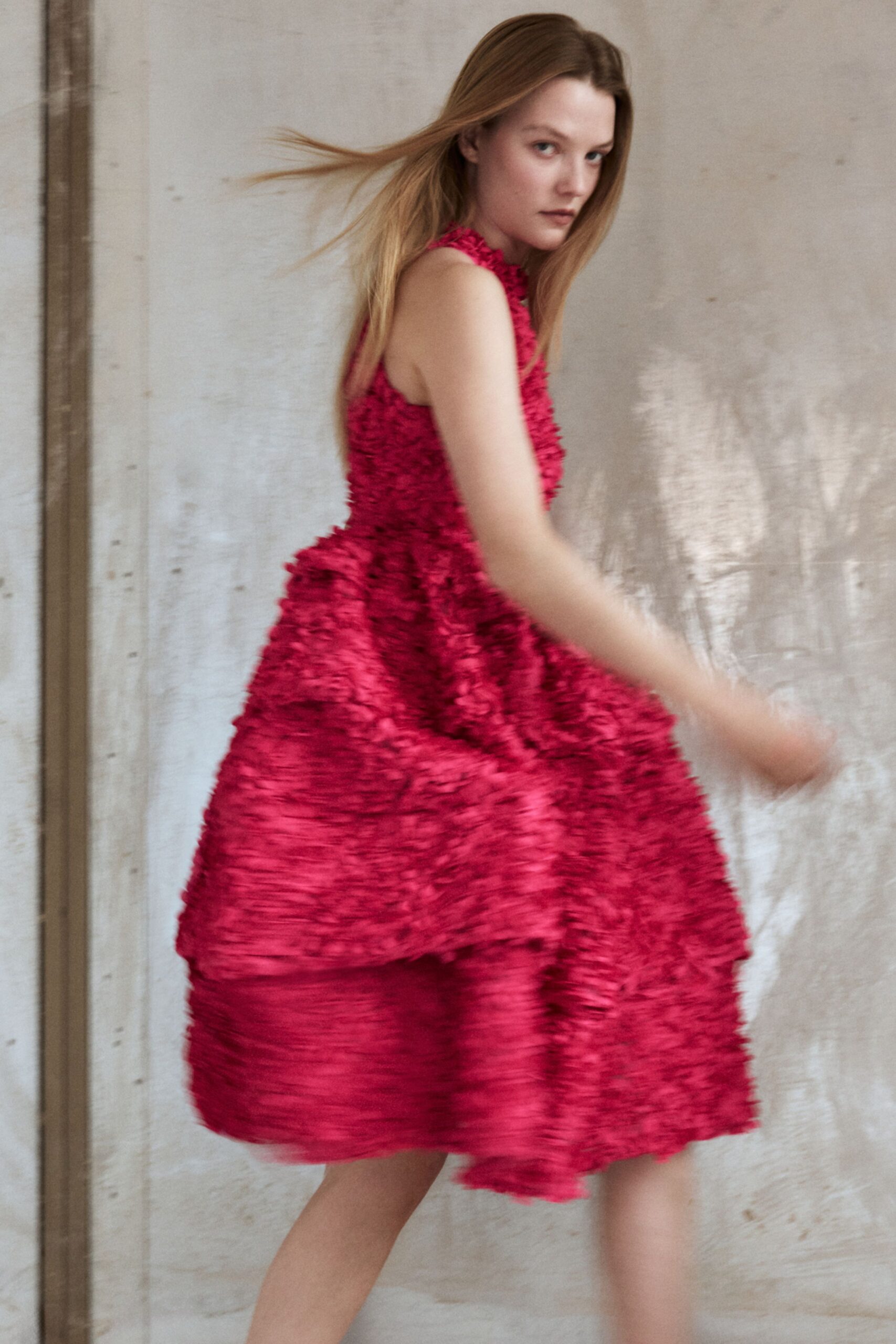red ruffled midi dress