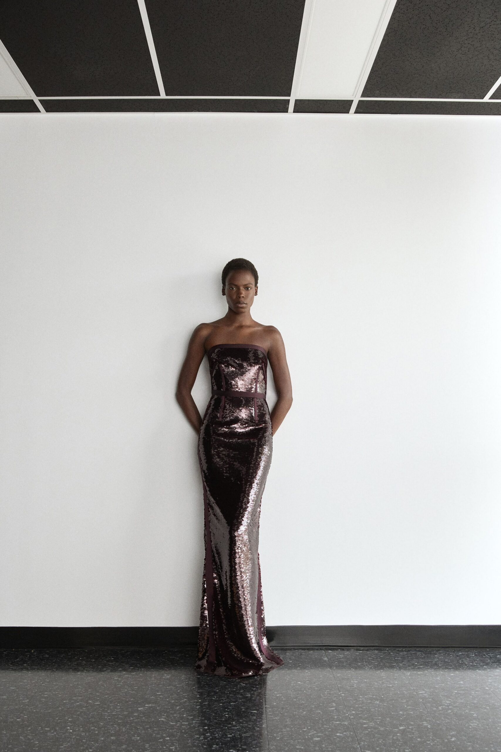 purple sequin strapless gown