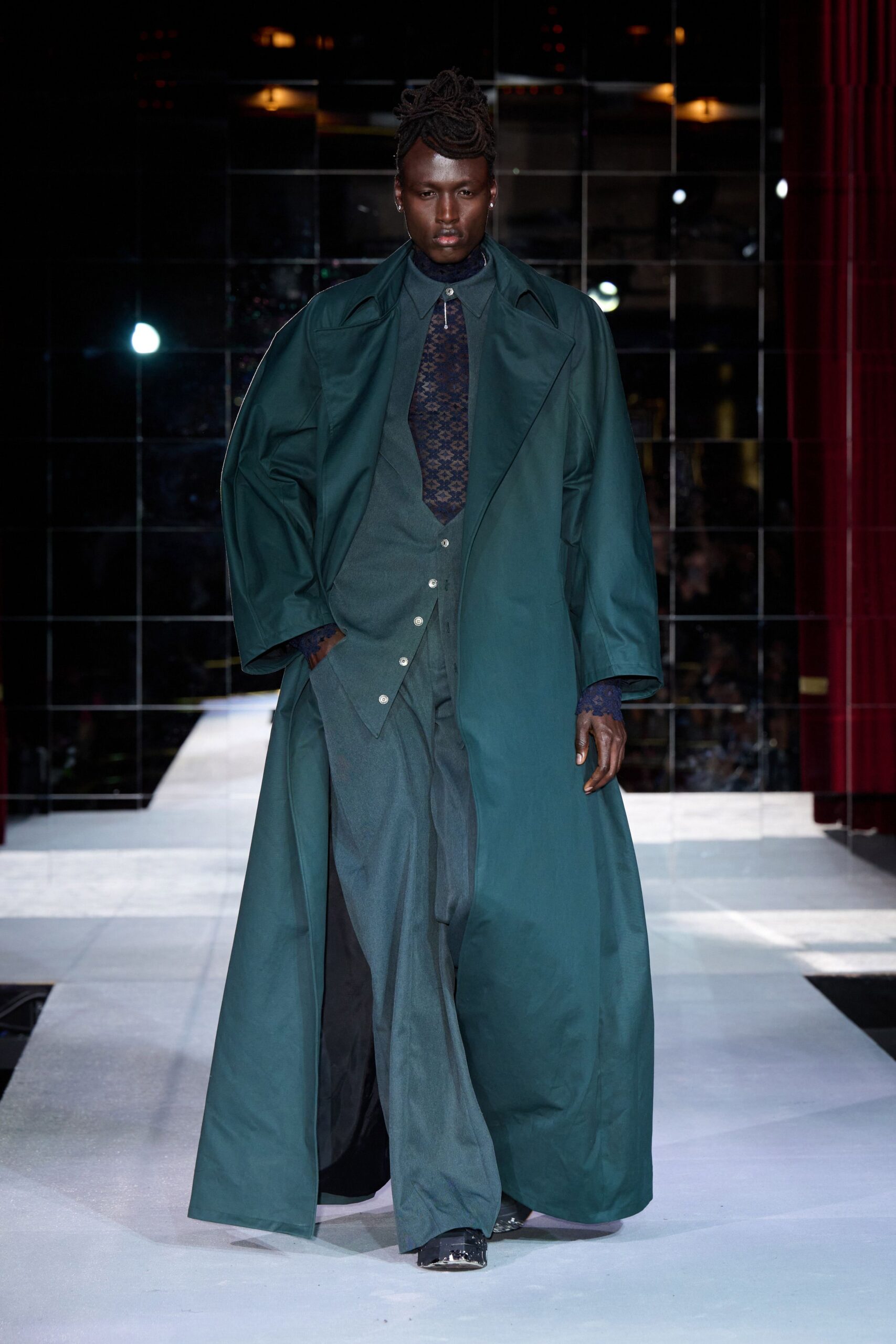 green cotton long-sleeve oversized layered maxi coat