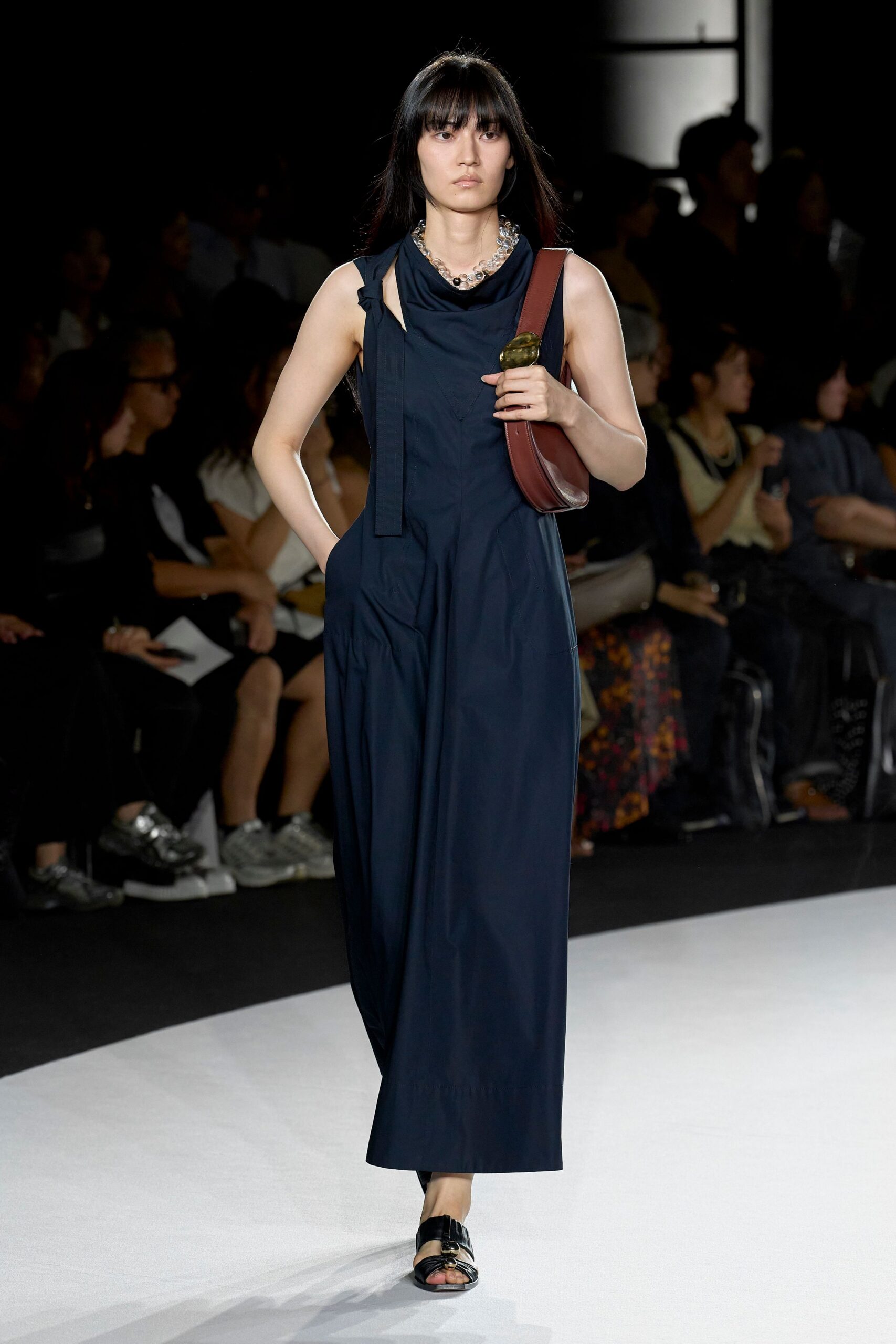 blue cotton sleeveless high-neck fitted pockets draped dress