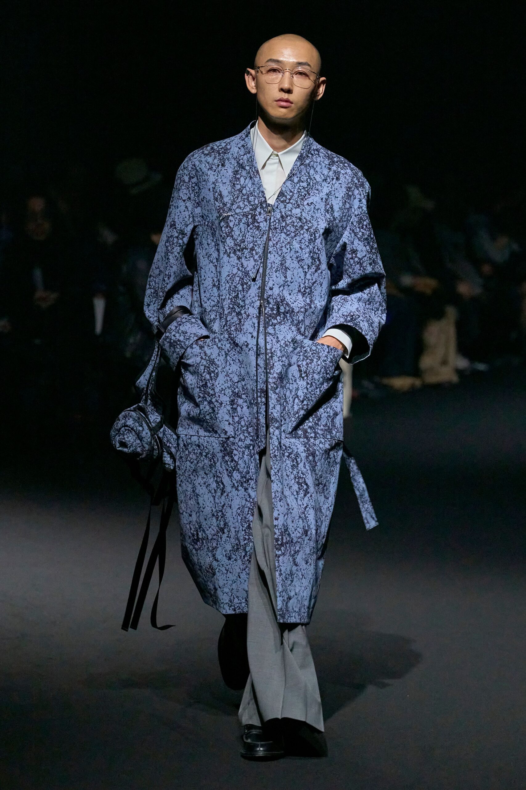 blue printed coat with gray pants