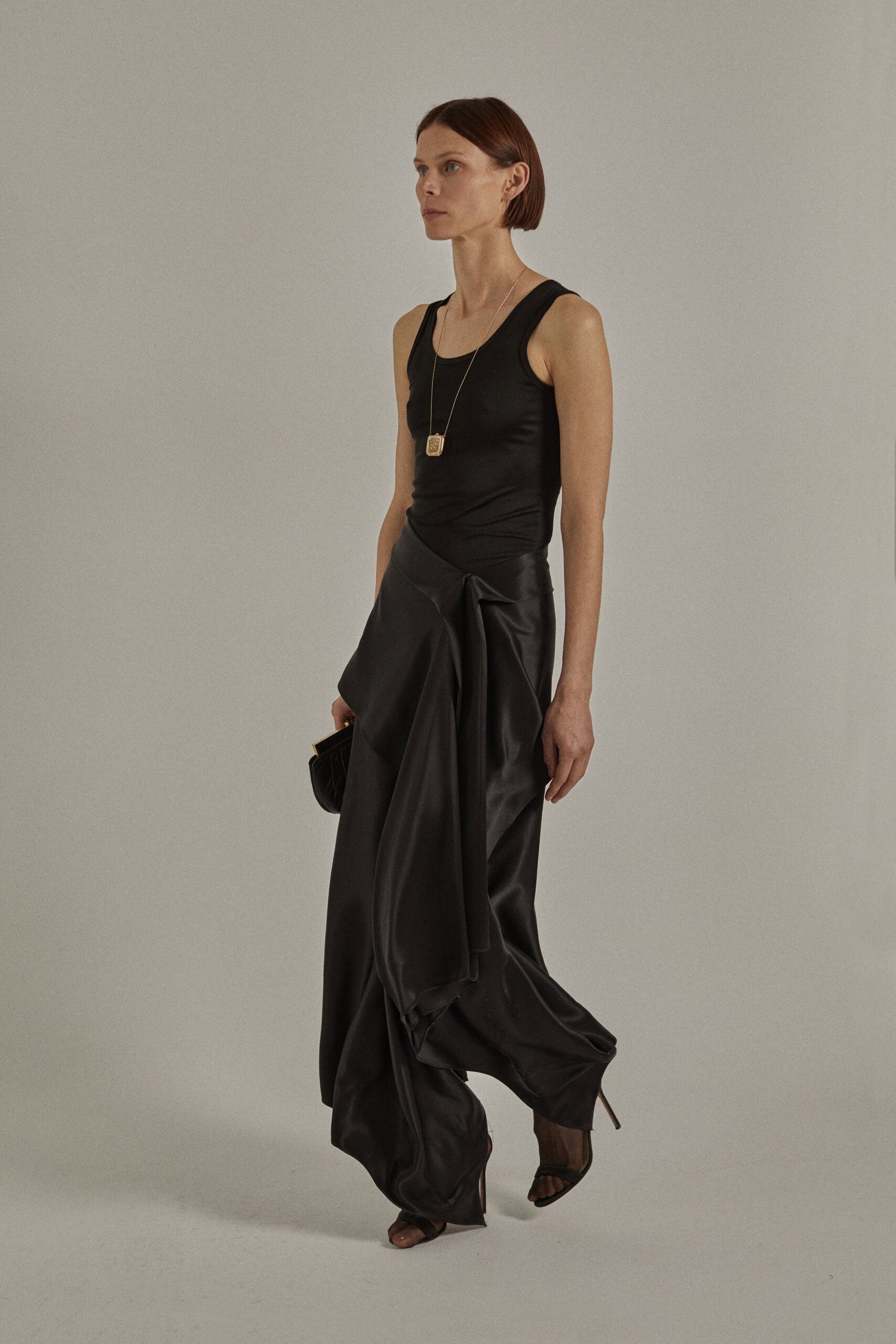 black silk relaxed high-waisted draped pants