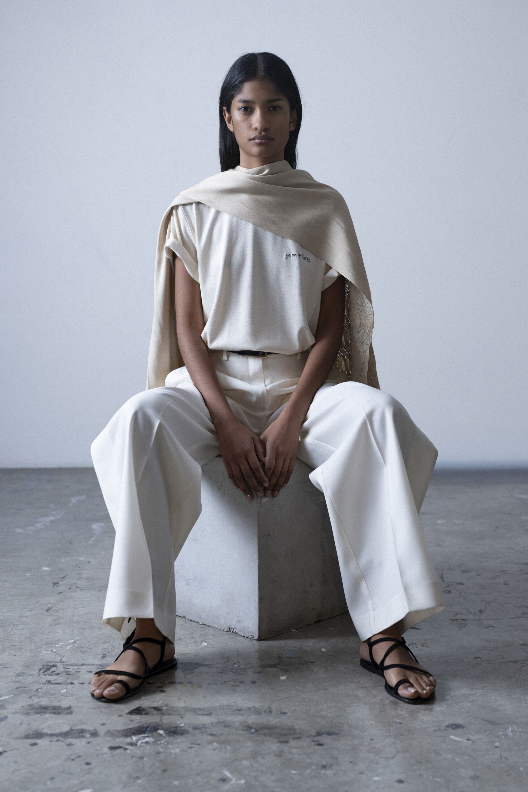 beige relaxed top and wide-leg pants
