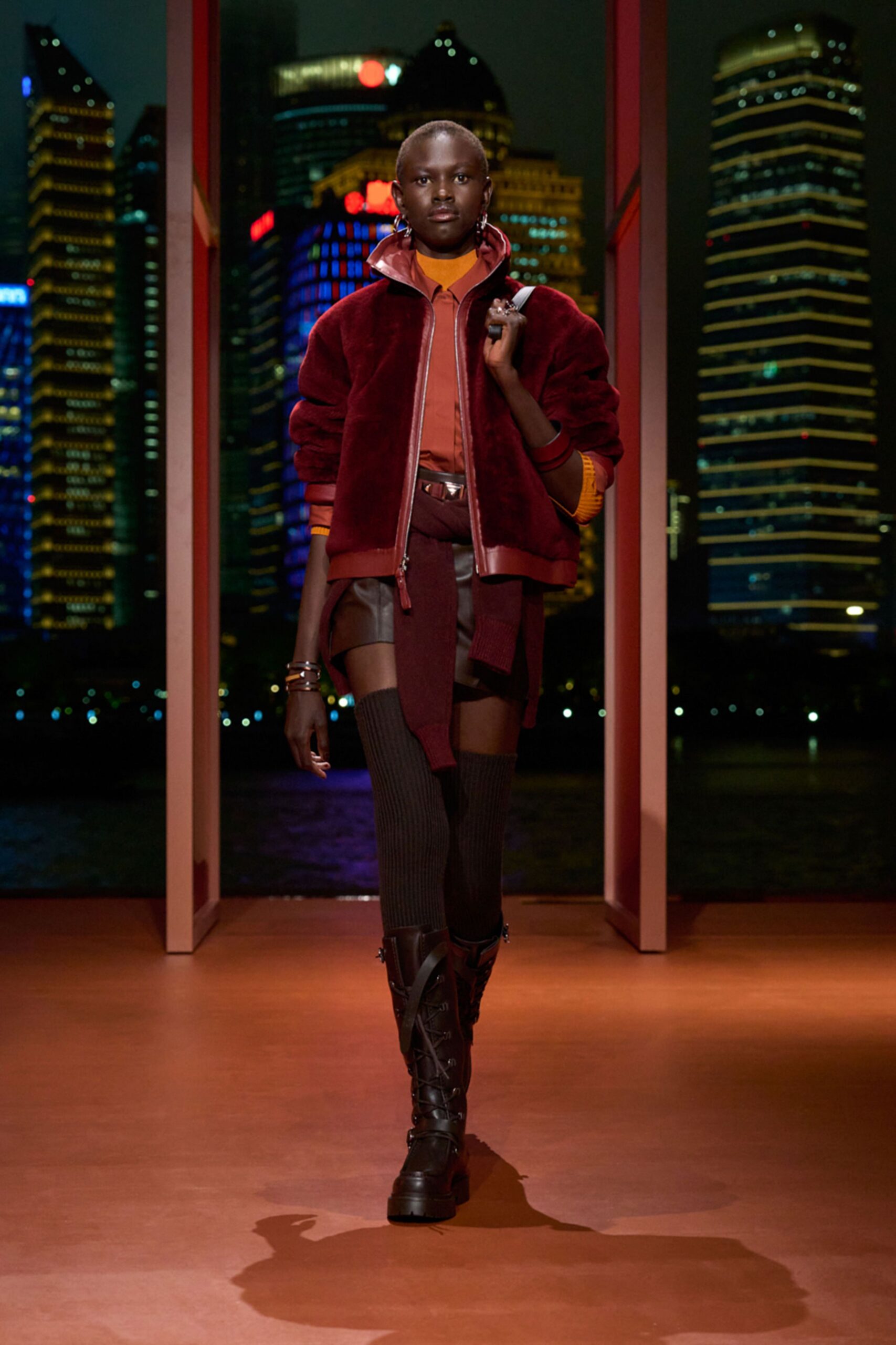 red faux-fur long-sleeve collared relaxed zippered jacket