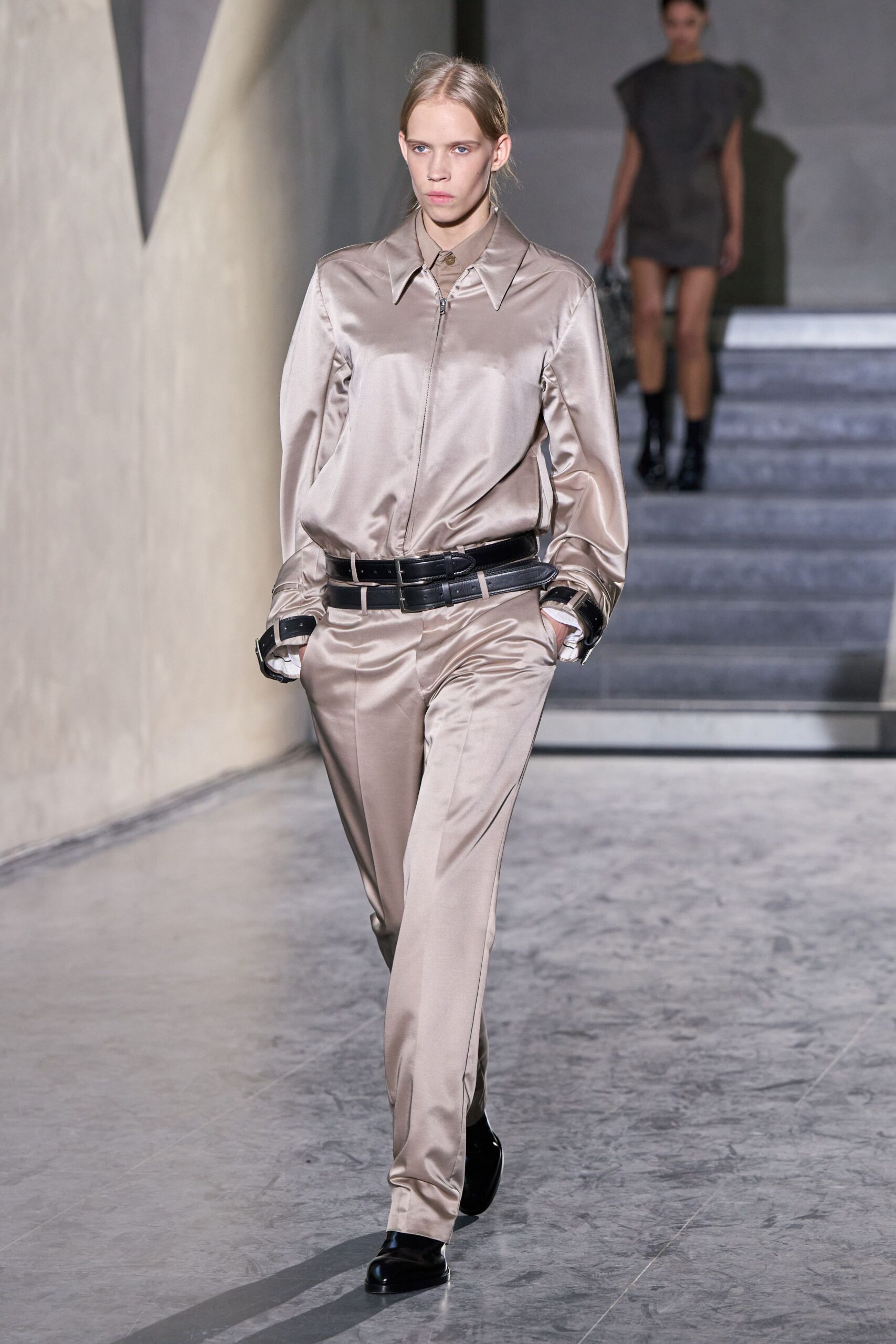 beige silk shirt and pants