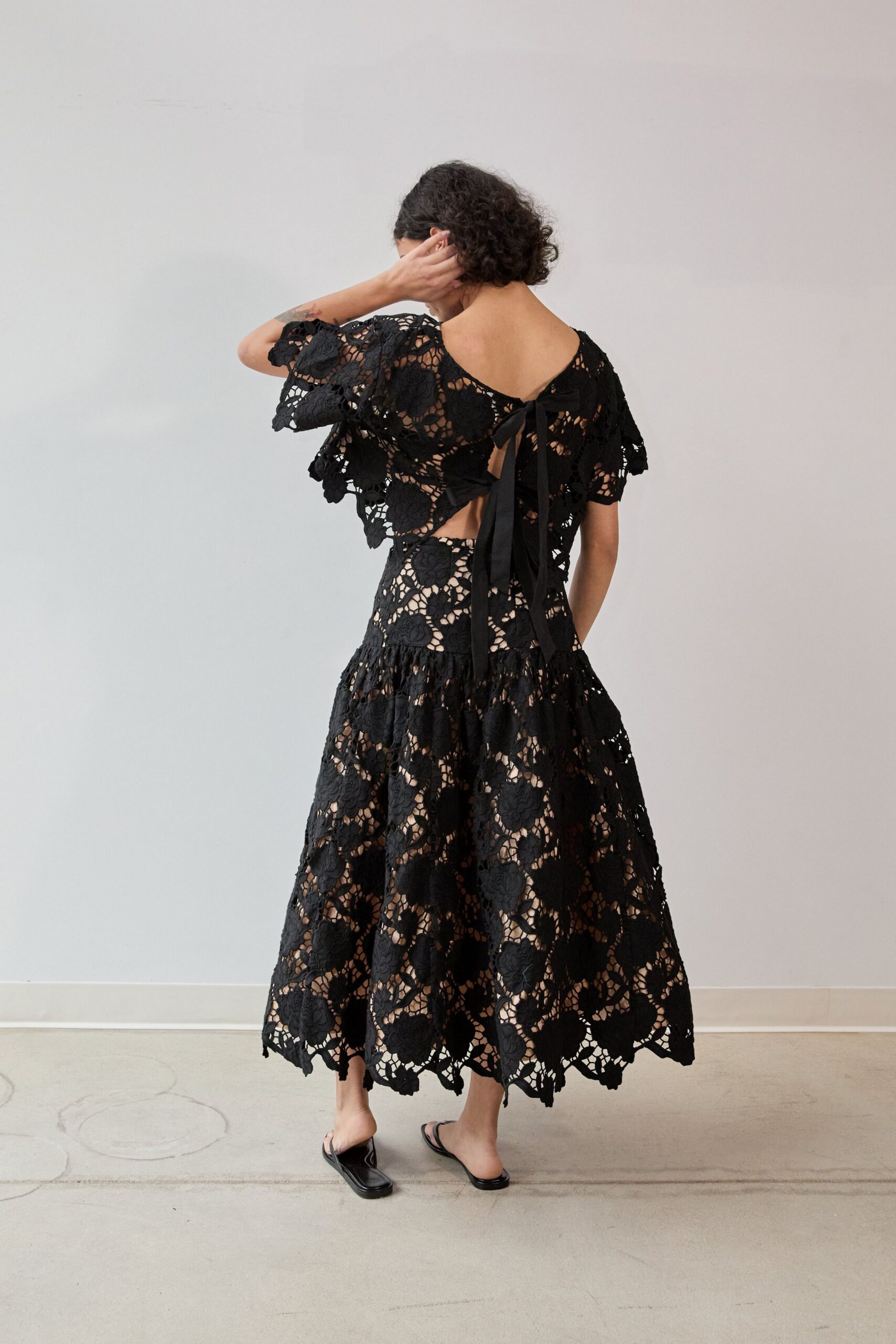 black lace midi dress with sandals