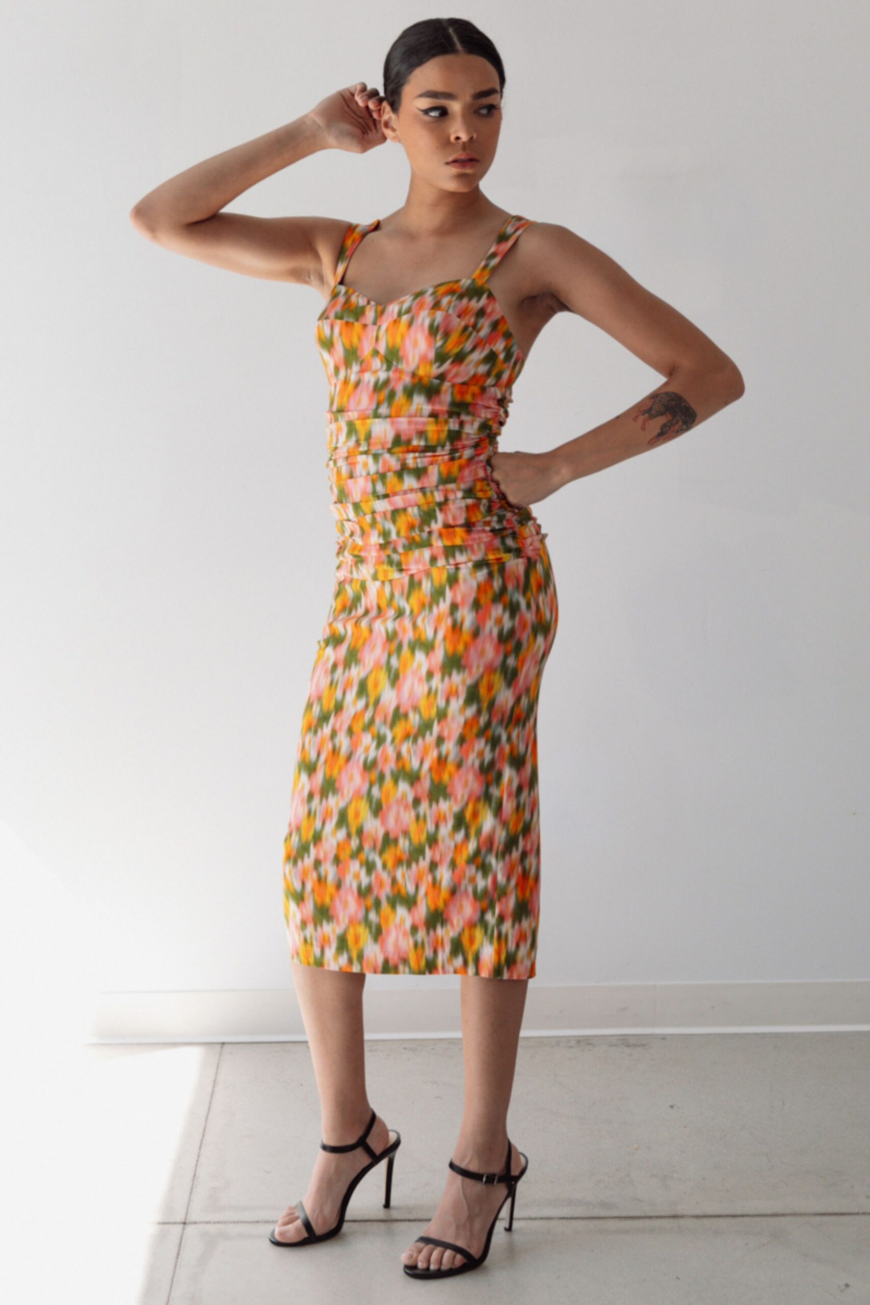 orange cotton sleeveless square-neck fitted ruched midi dress