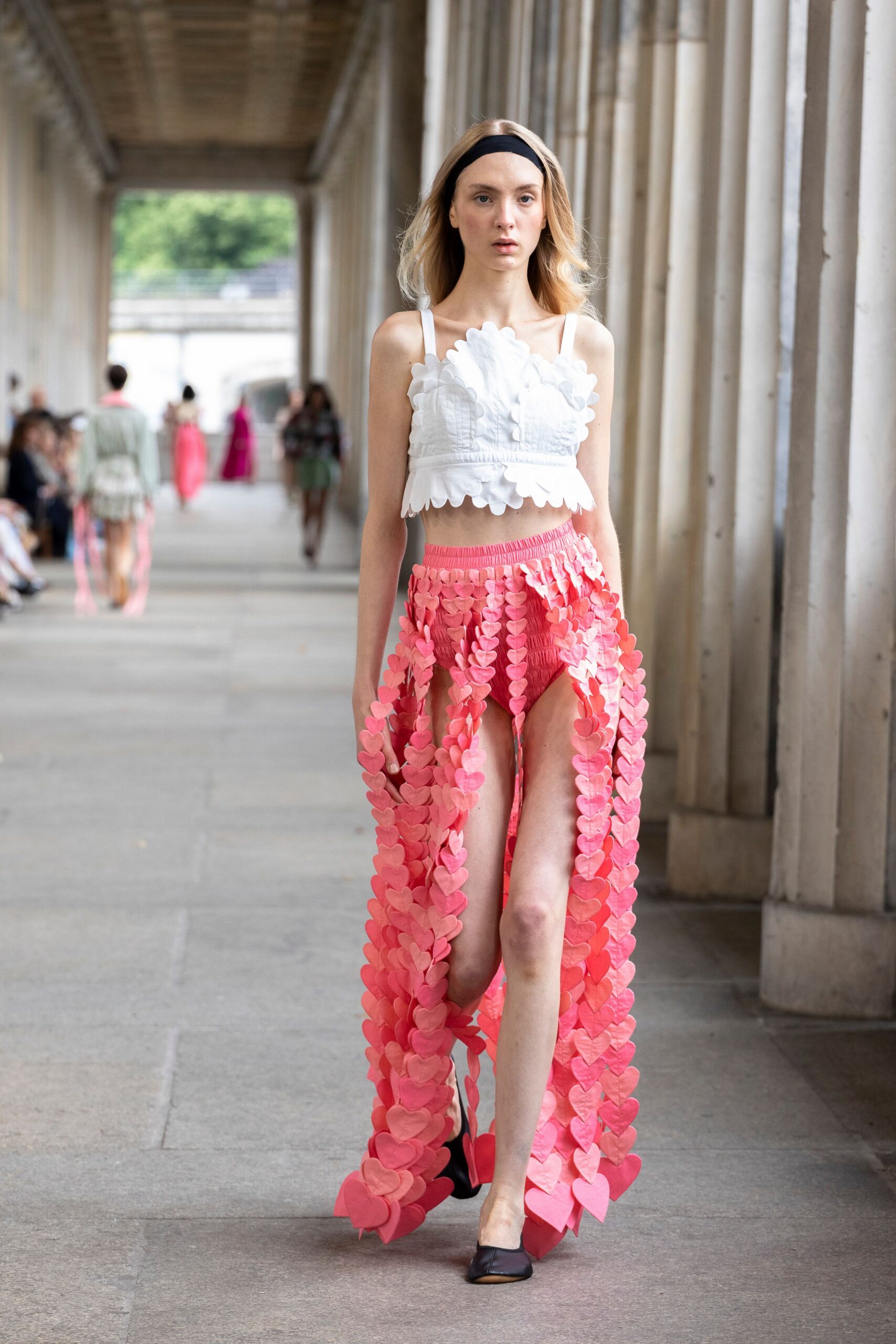 white ruffled top pink layered skirt