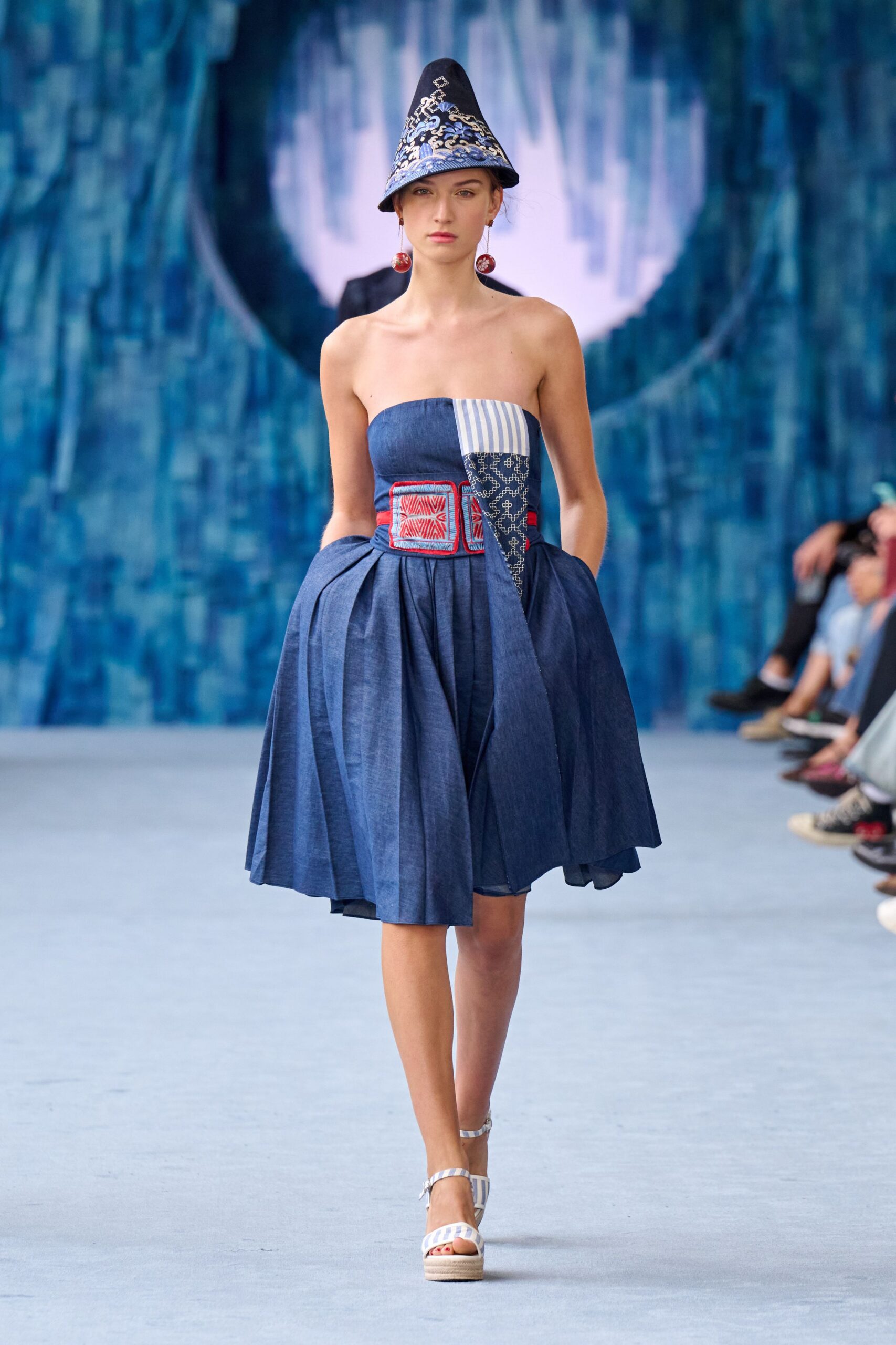 blue cotton strapless fitted pleated embroidered mini dress
