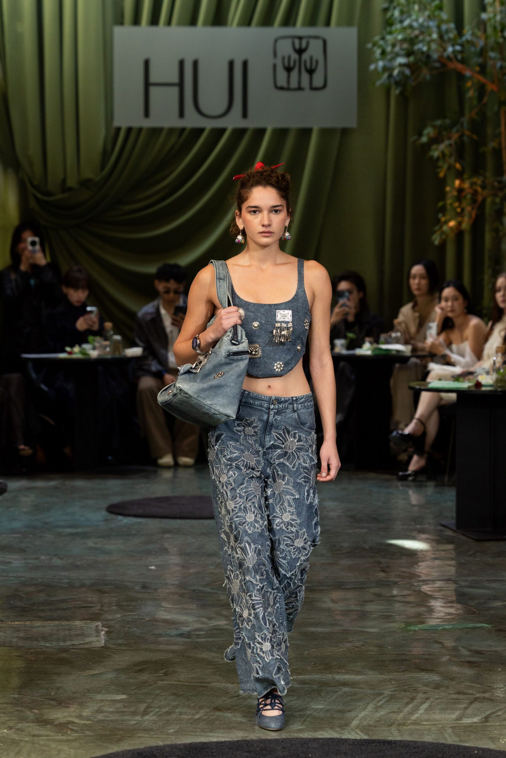 blue denim relaxed embroidered flared pants