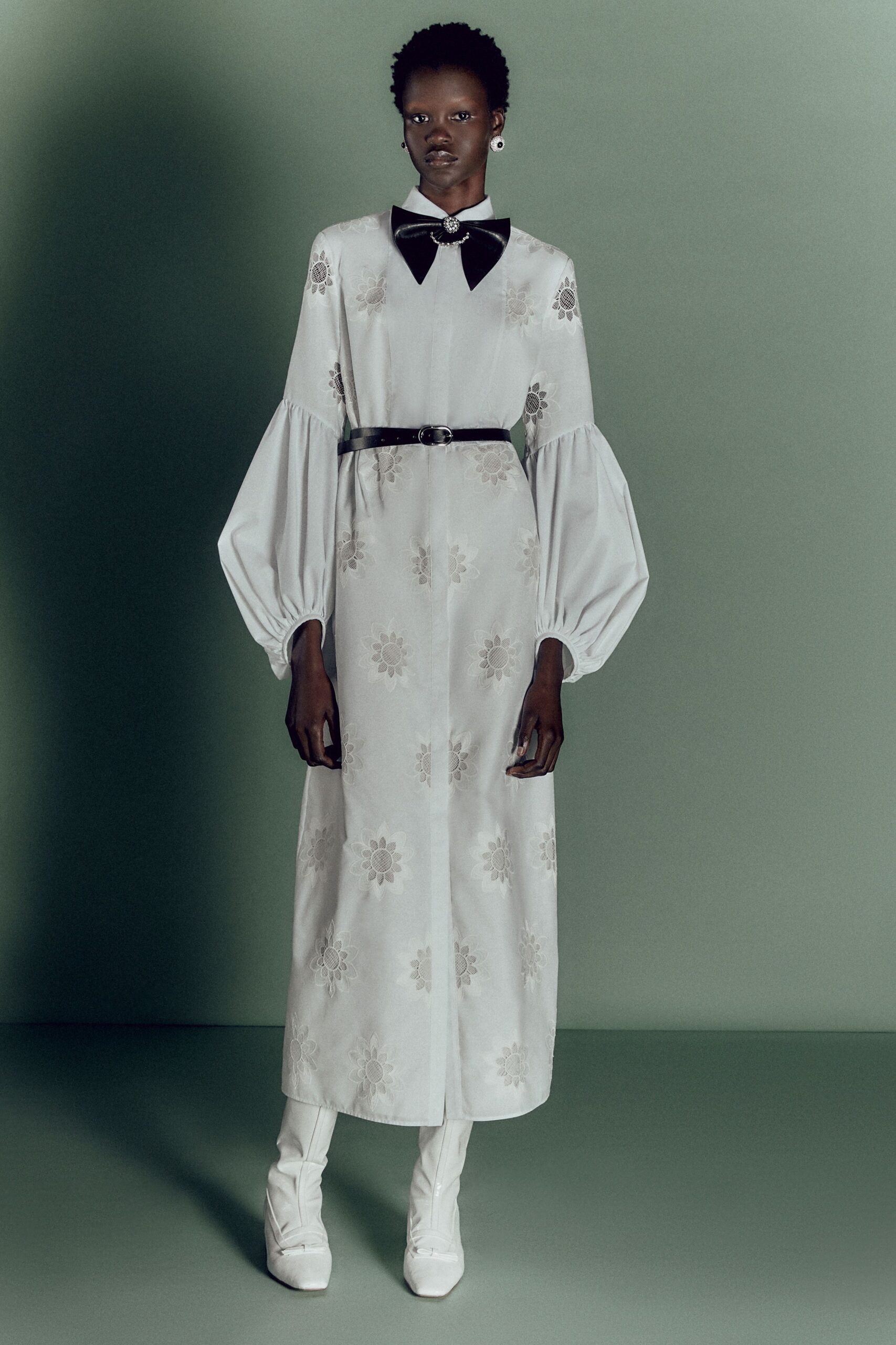 white silk long-sleeve collared fitted embroidered belted dress