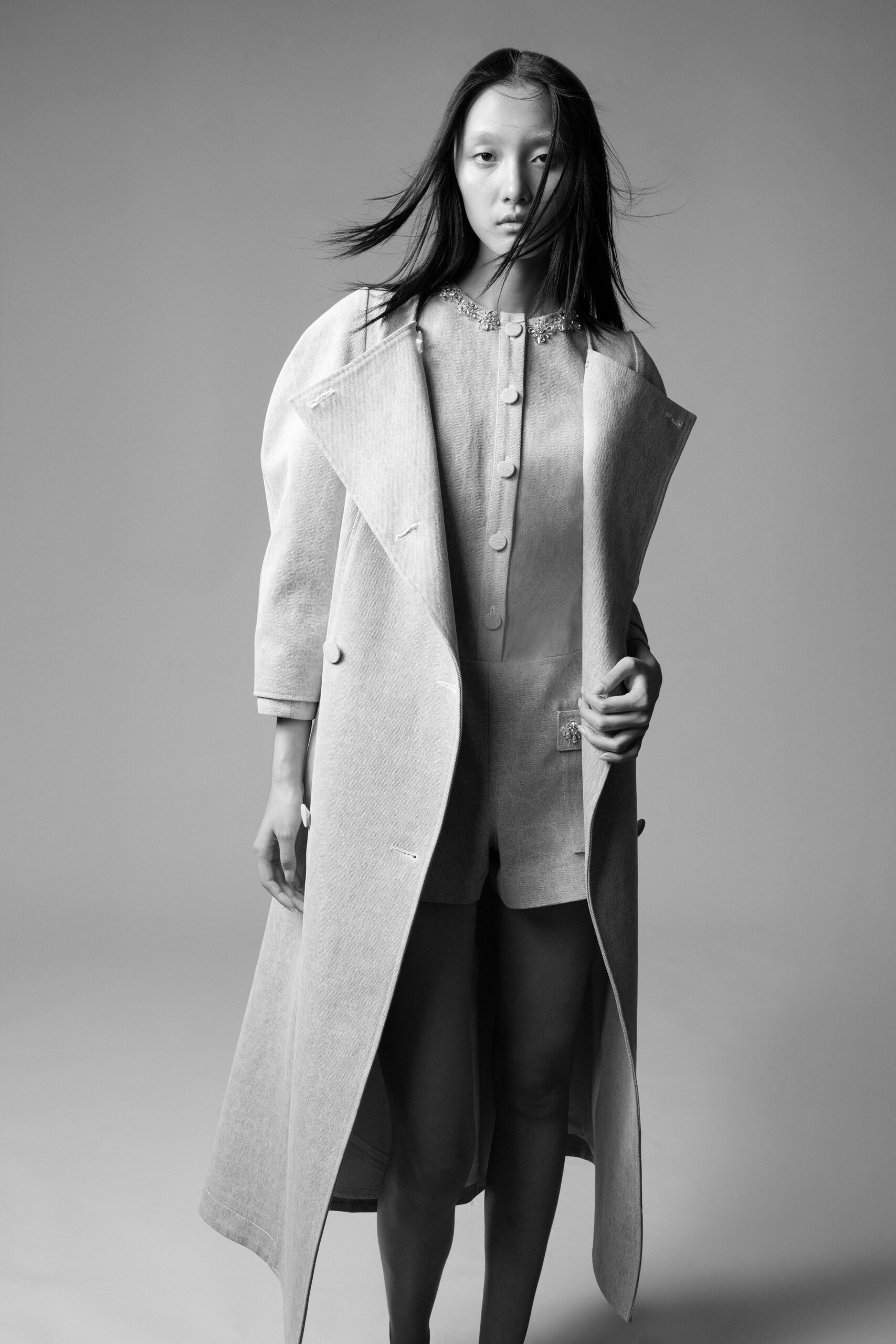 gray wool coat and romper