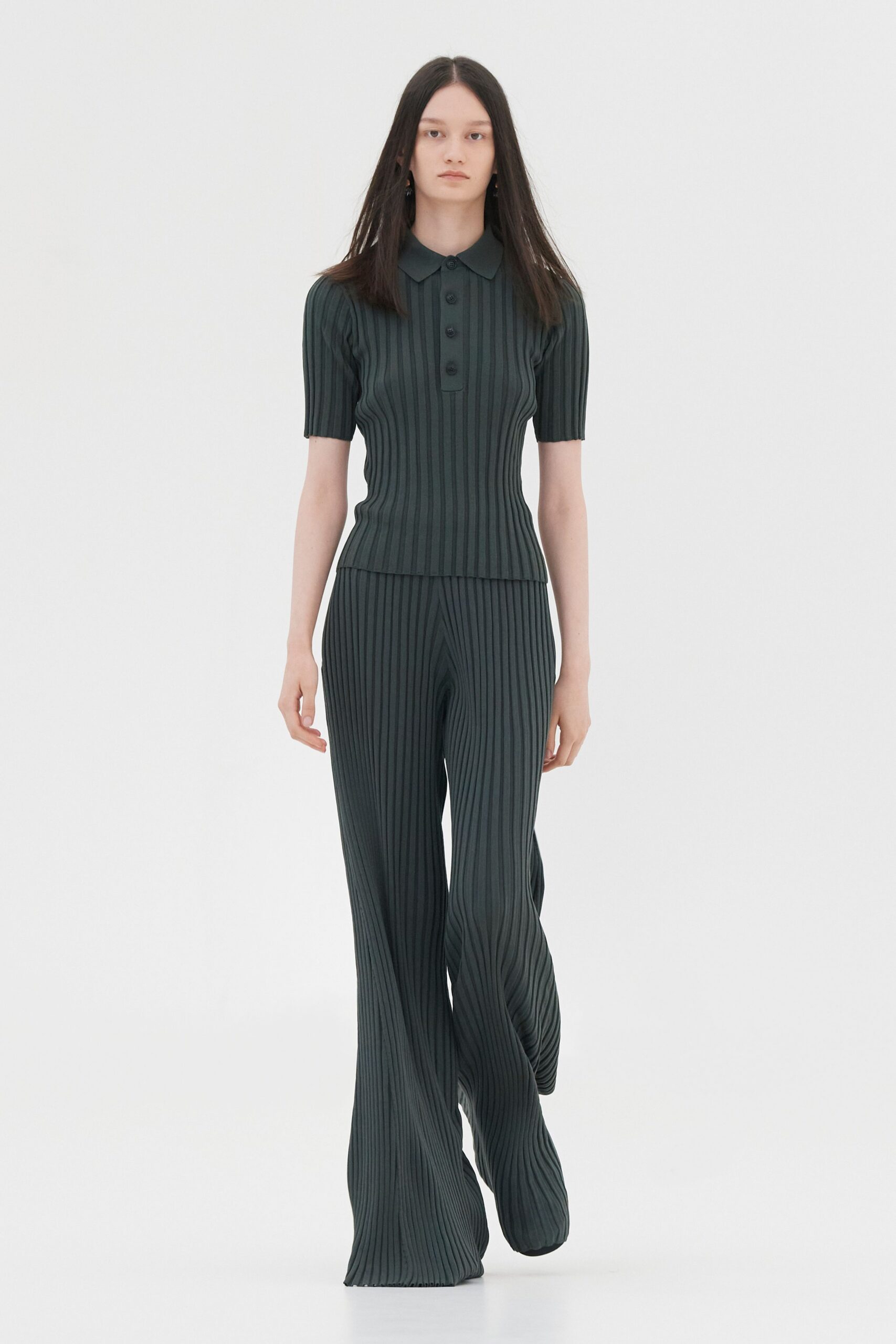 green cotton fitted flared ribbed pants