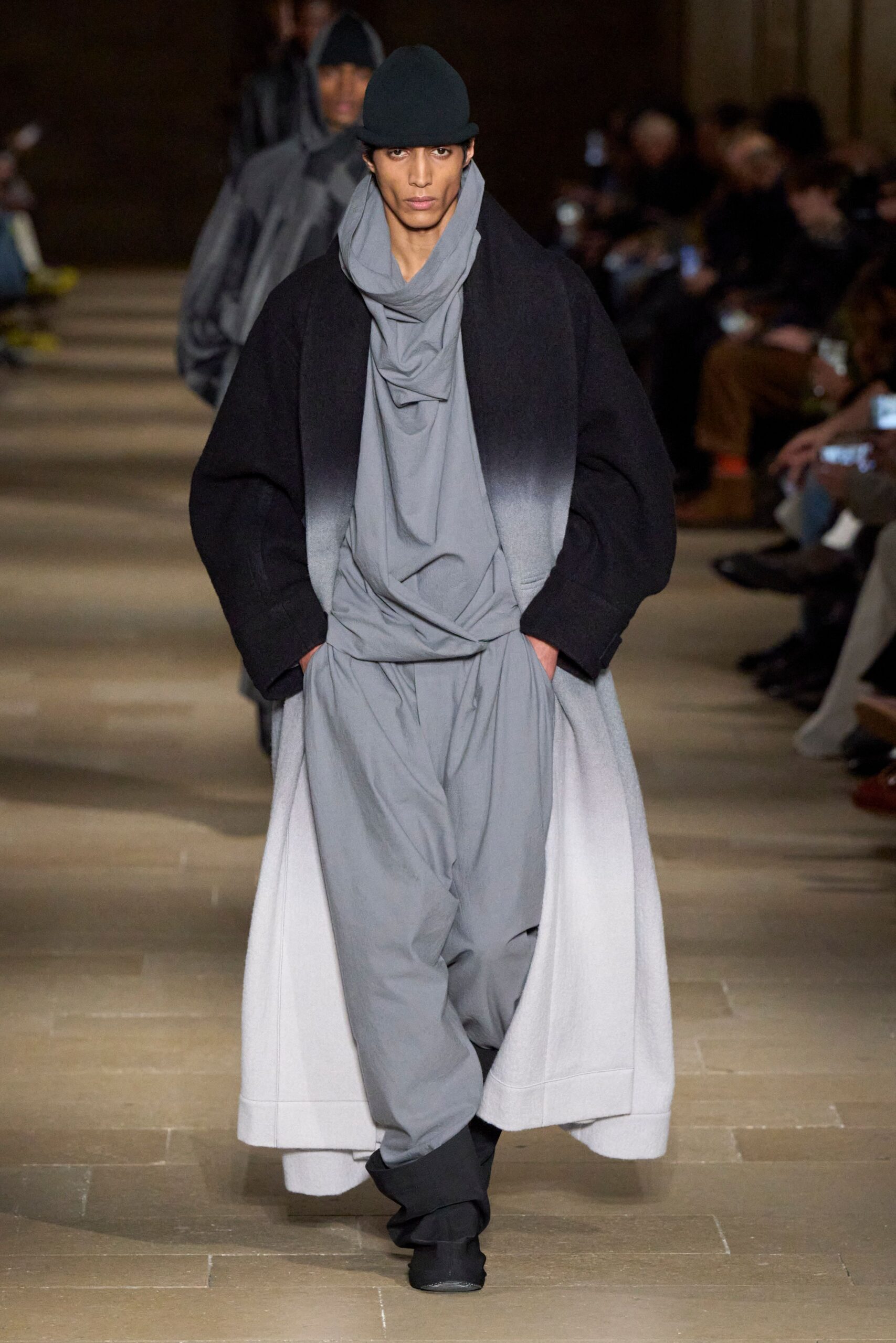 gray cotton long-sleeve hooded fitted draped top