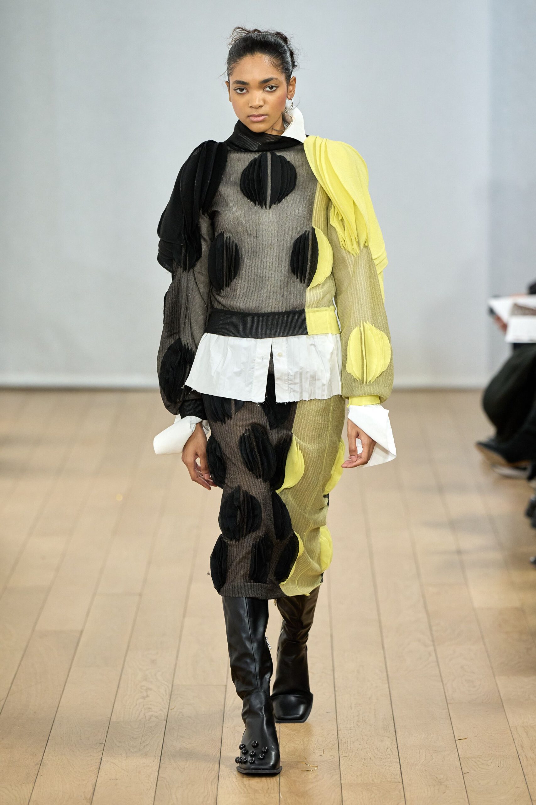 black and yellow midi dress with boots