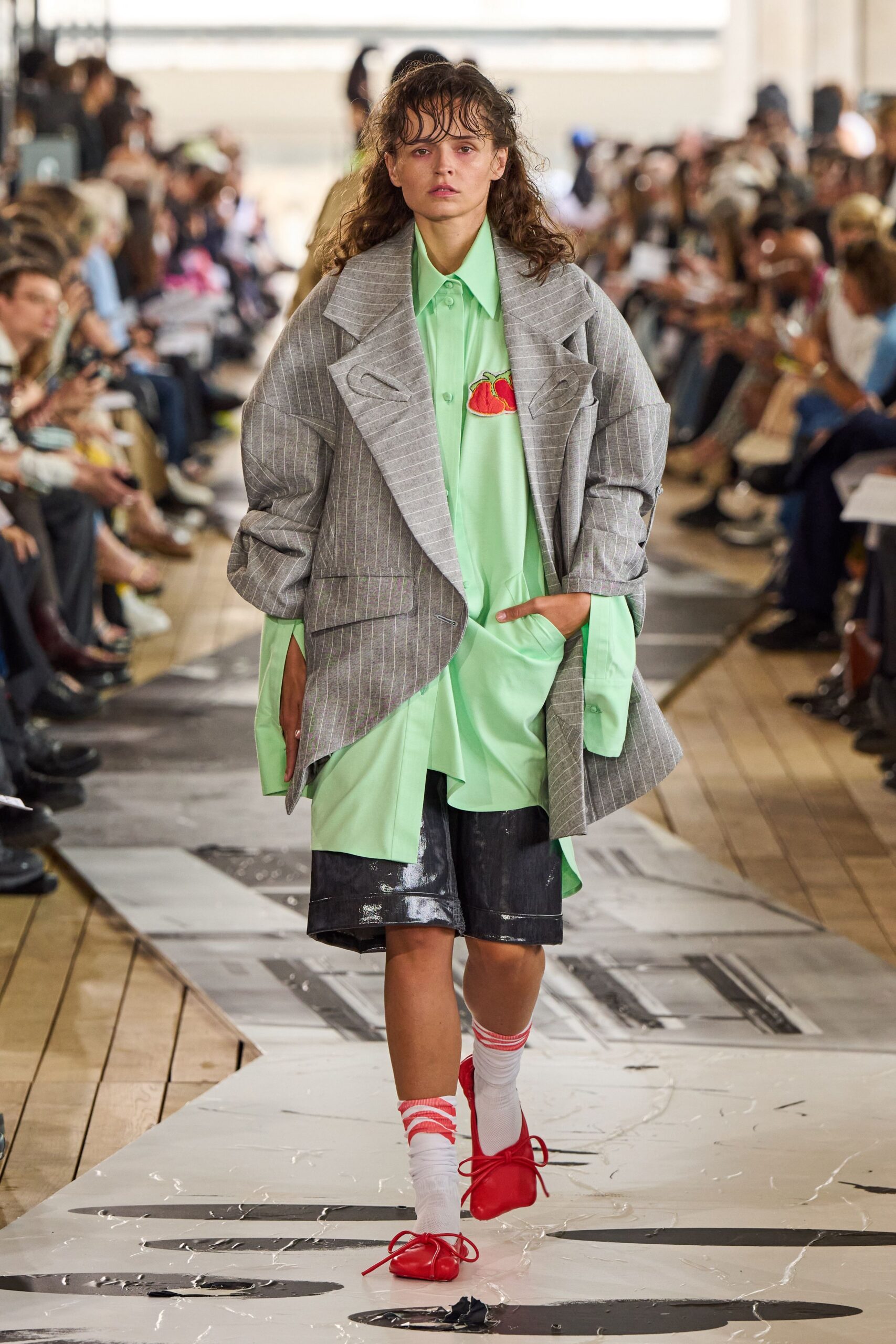 gray wool long-sleeve collared oversized striped buttoned coat