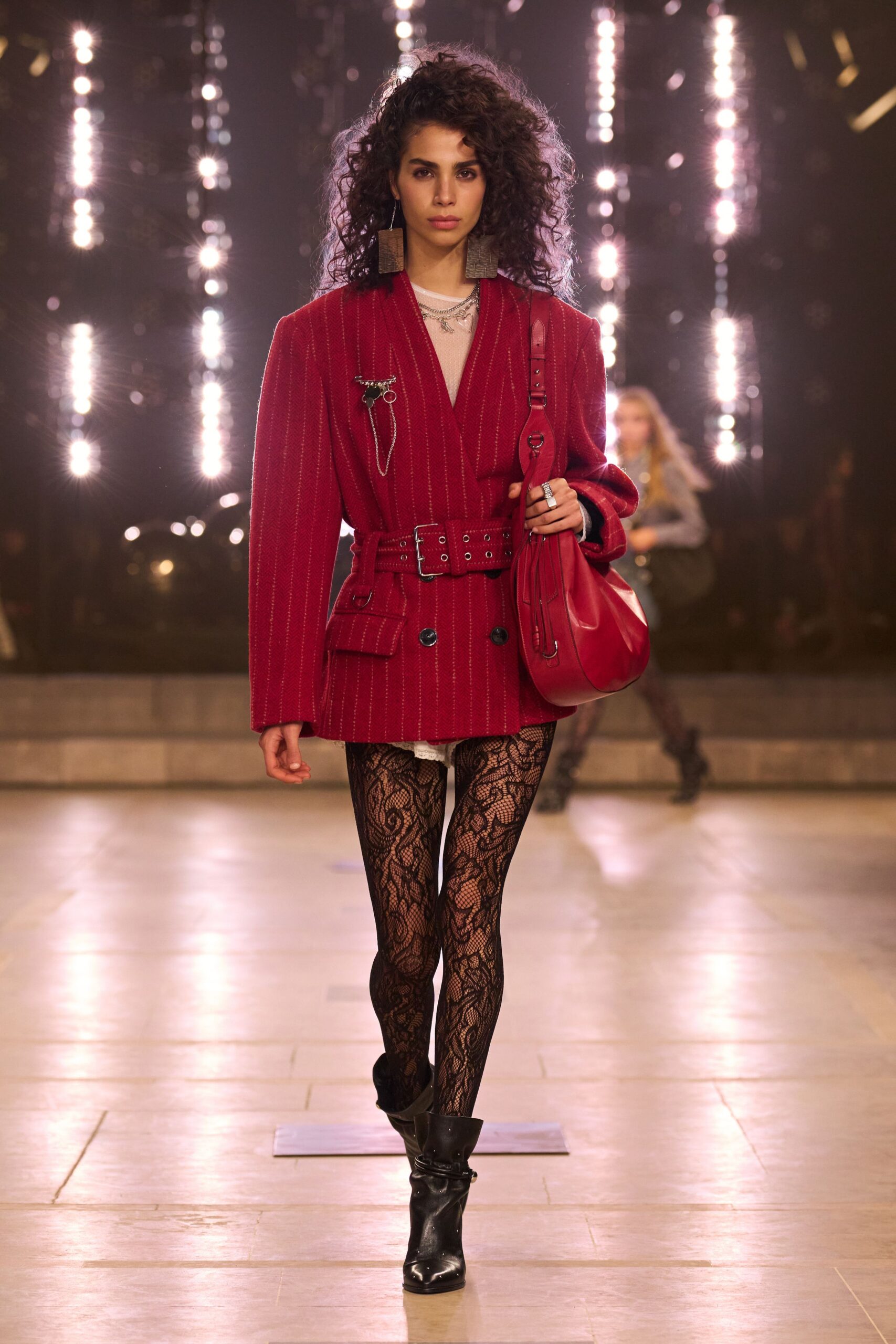 red cotton long-sleeve collared tailored striped belted blazer