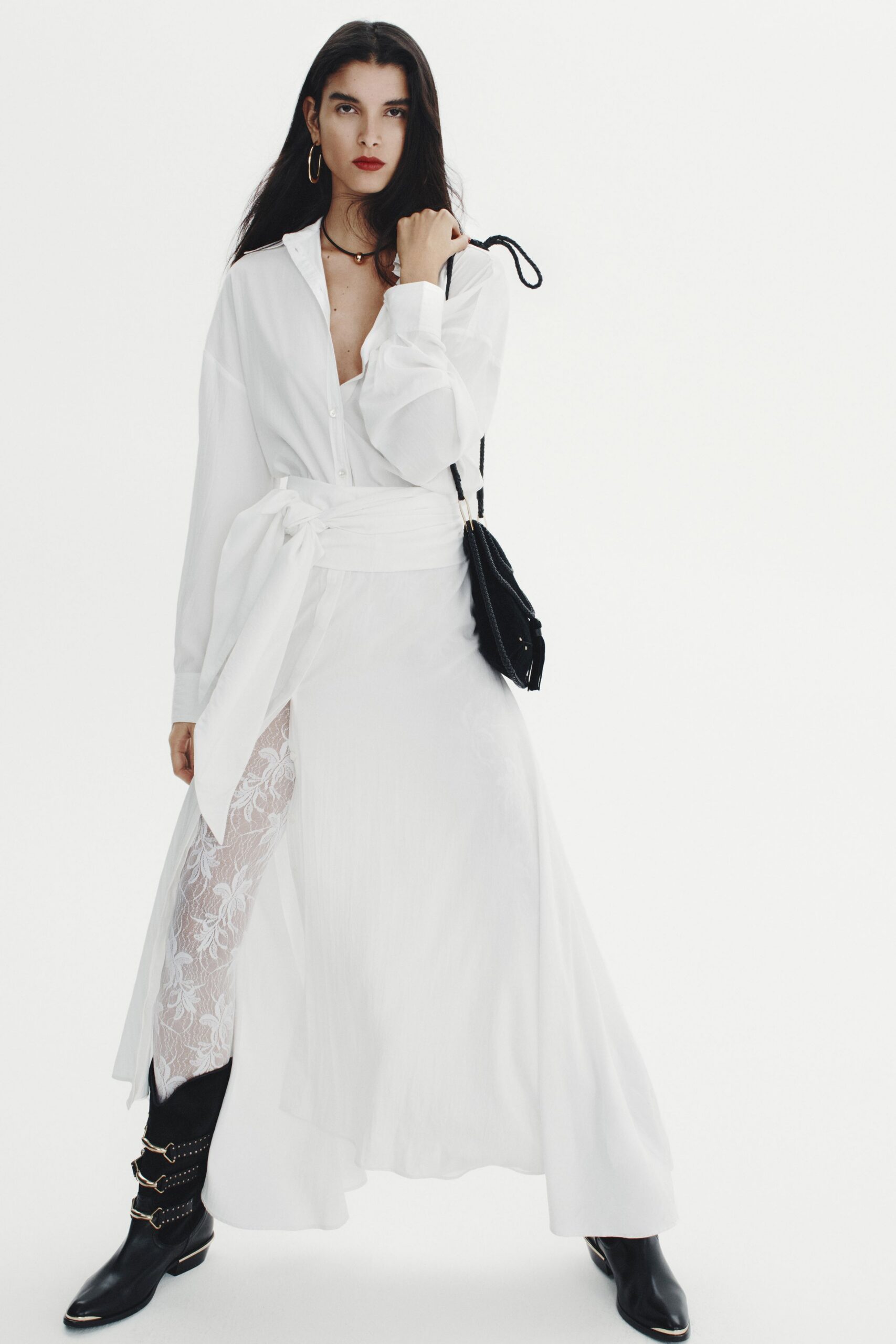 white cotton long-sleeve collared fitted tiered pleated dress