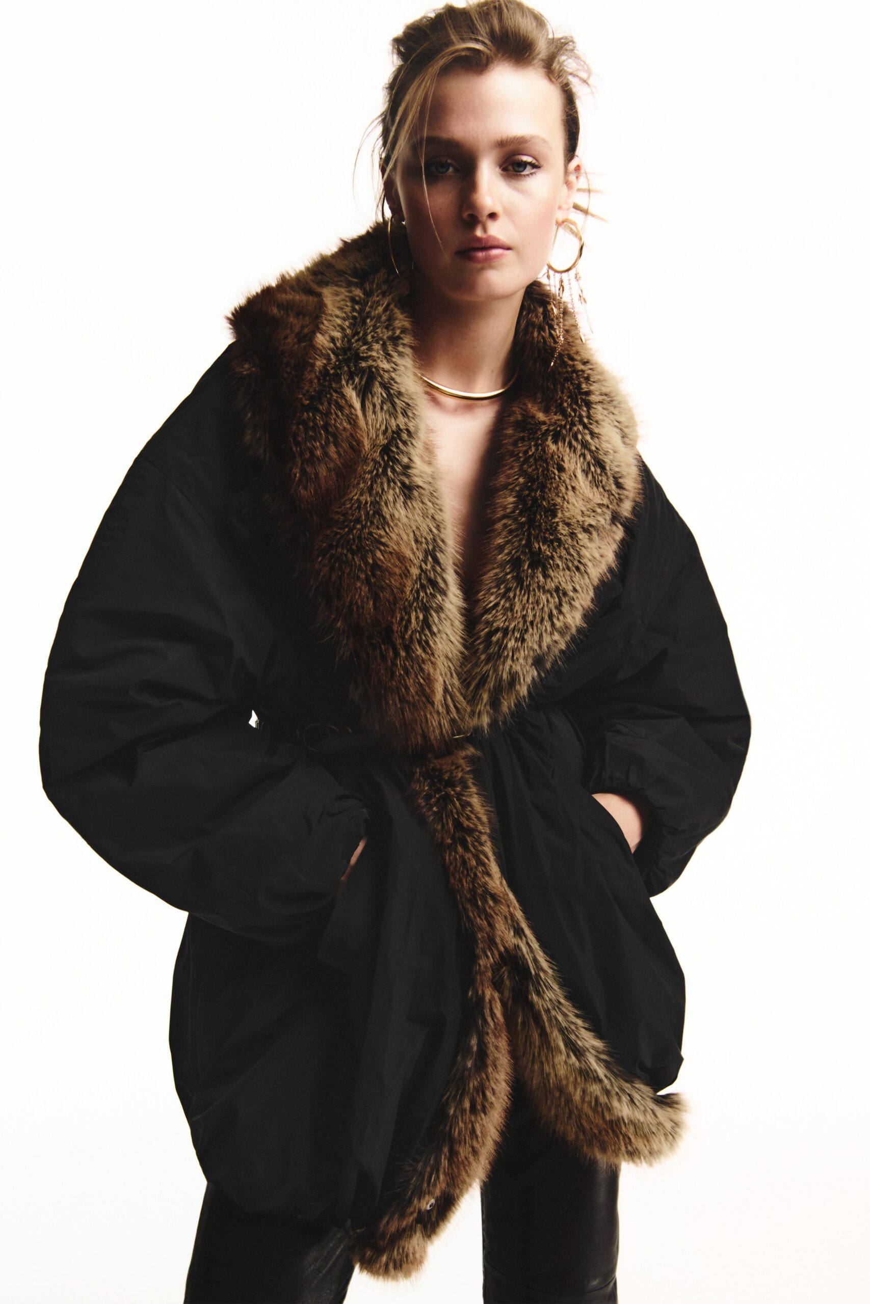 black coat with faux-fur collar