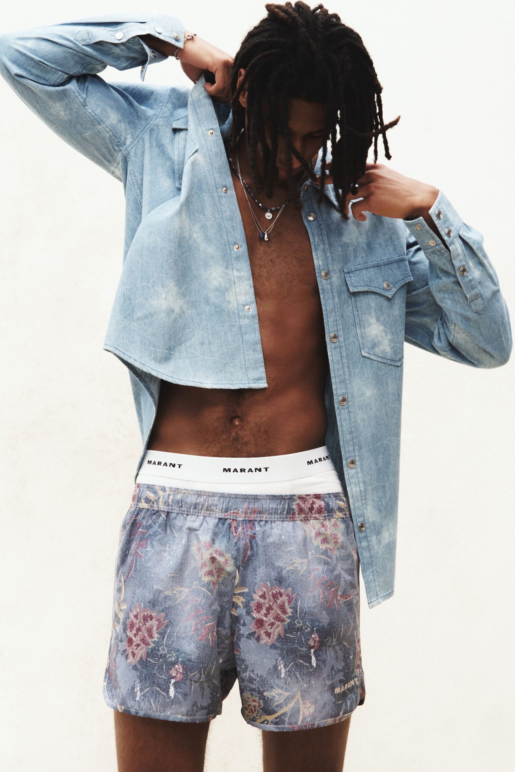 blue denim shirt and floral shorts