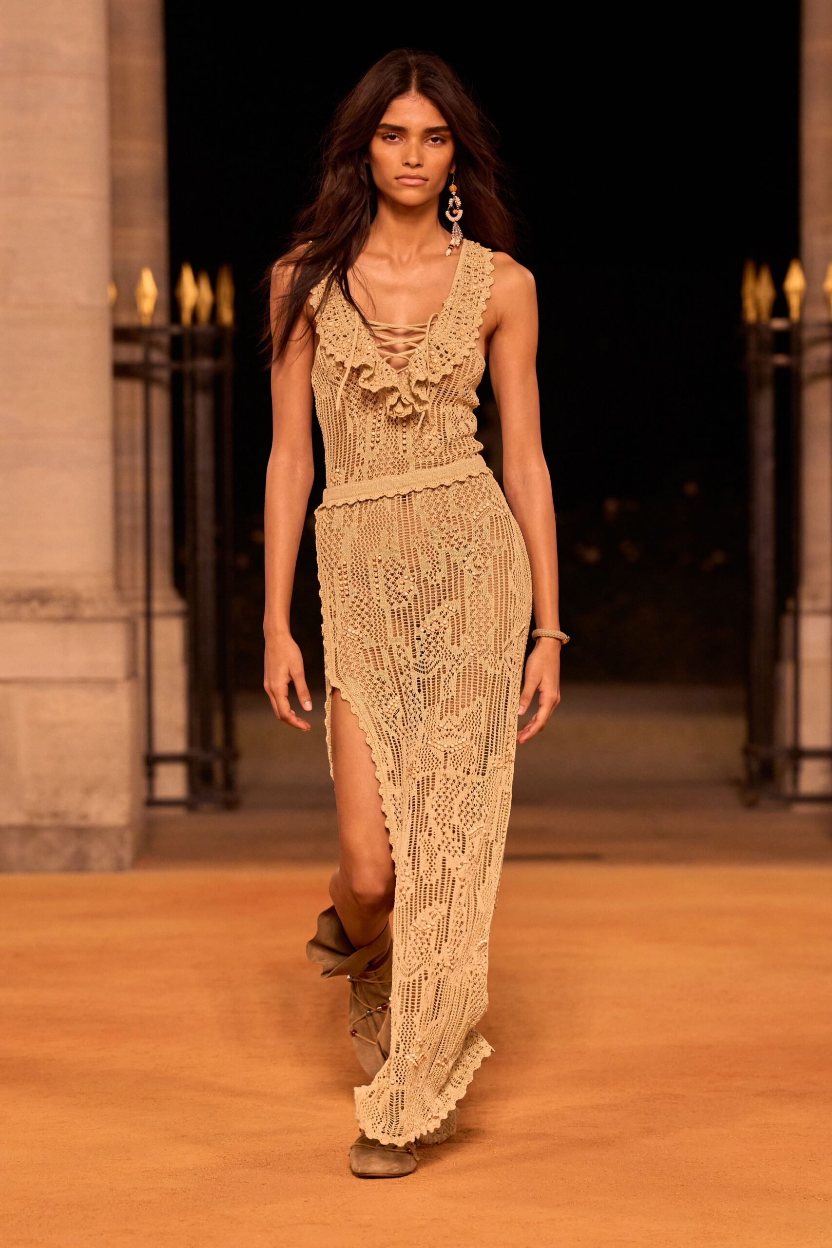 beige cotton sleeveless v-neck fitted ruffled maxi dress