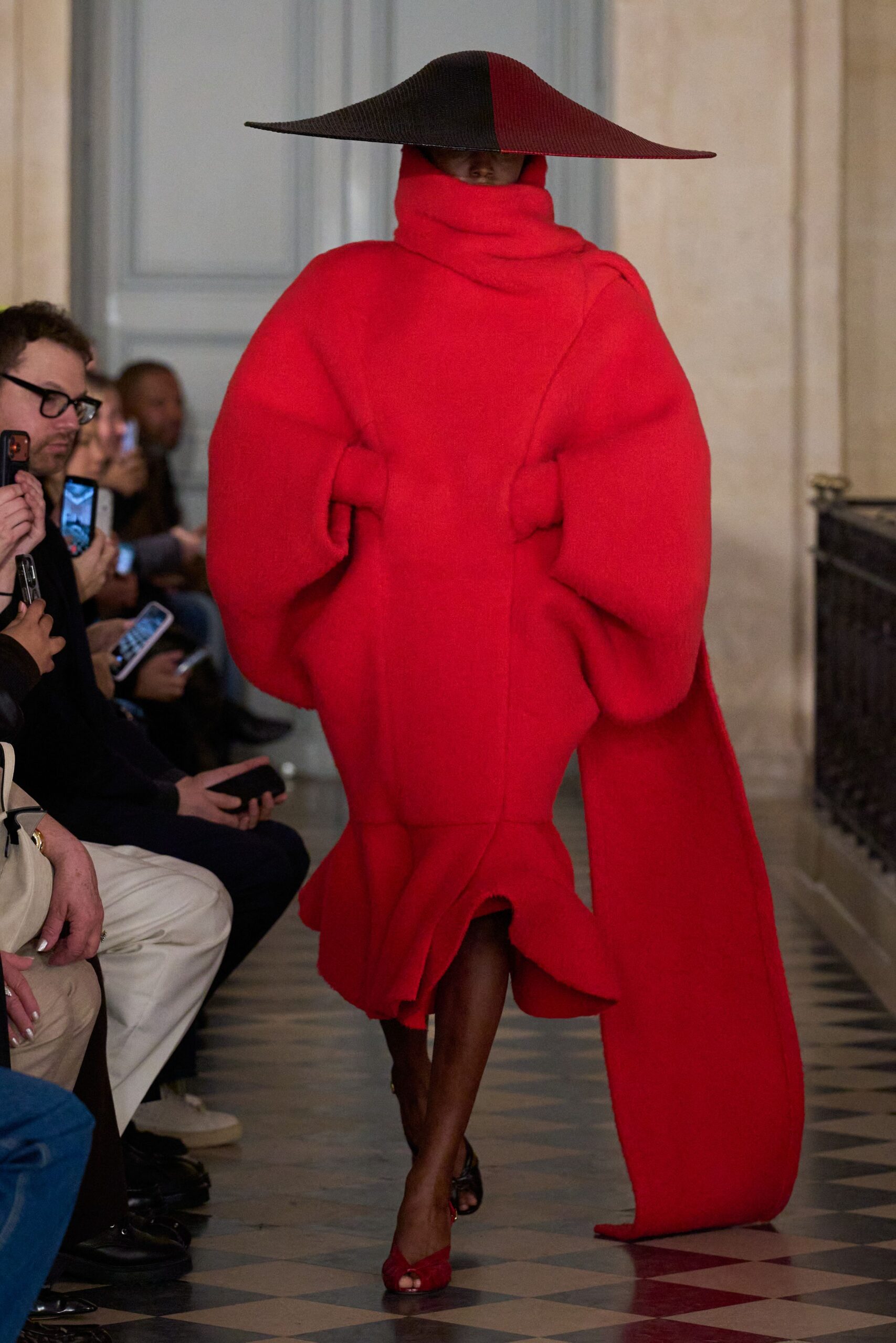 red wool long-sleeve high-neck oversized ruffled midi coat