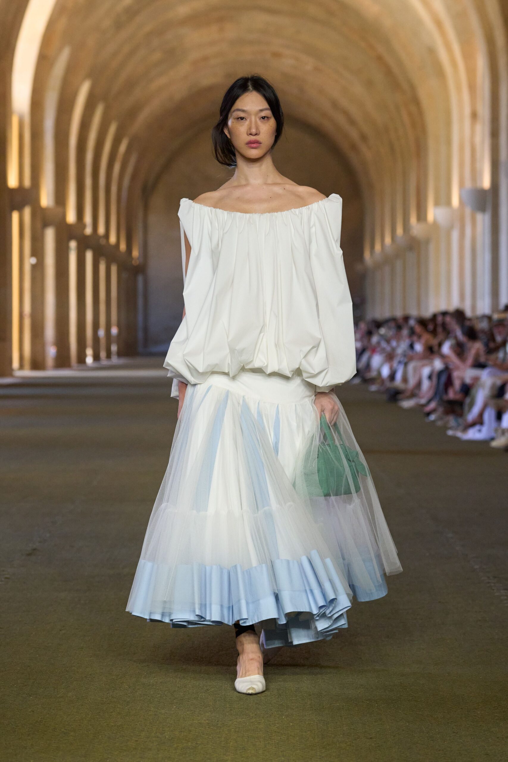 white cotton long-sleeve off-shoulder relaxed pleated top