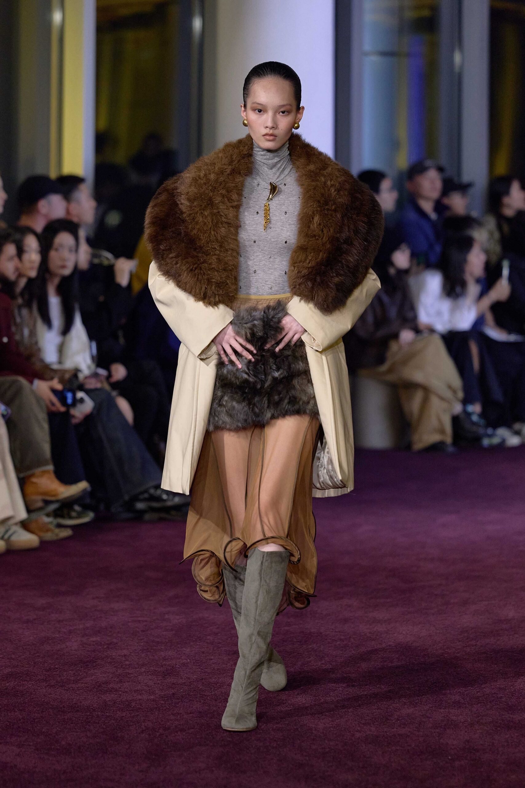 cream faux-fur coat with gray top
