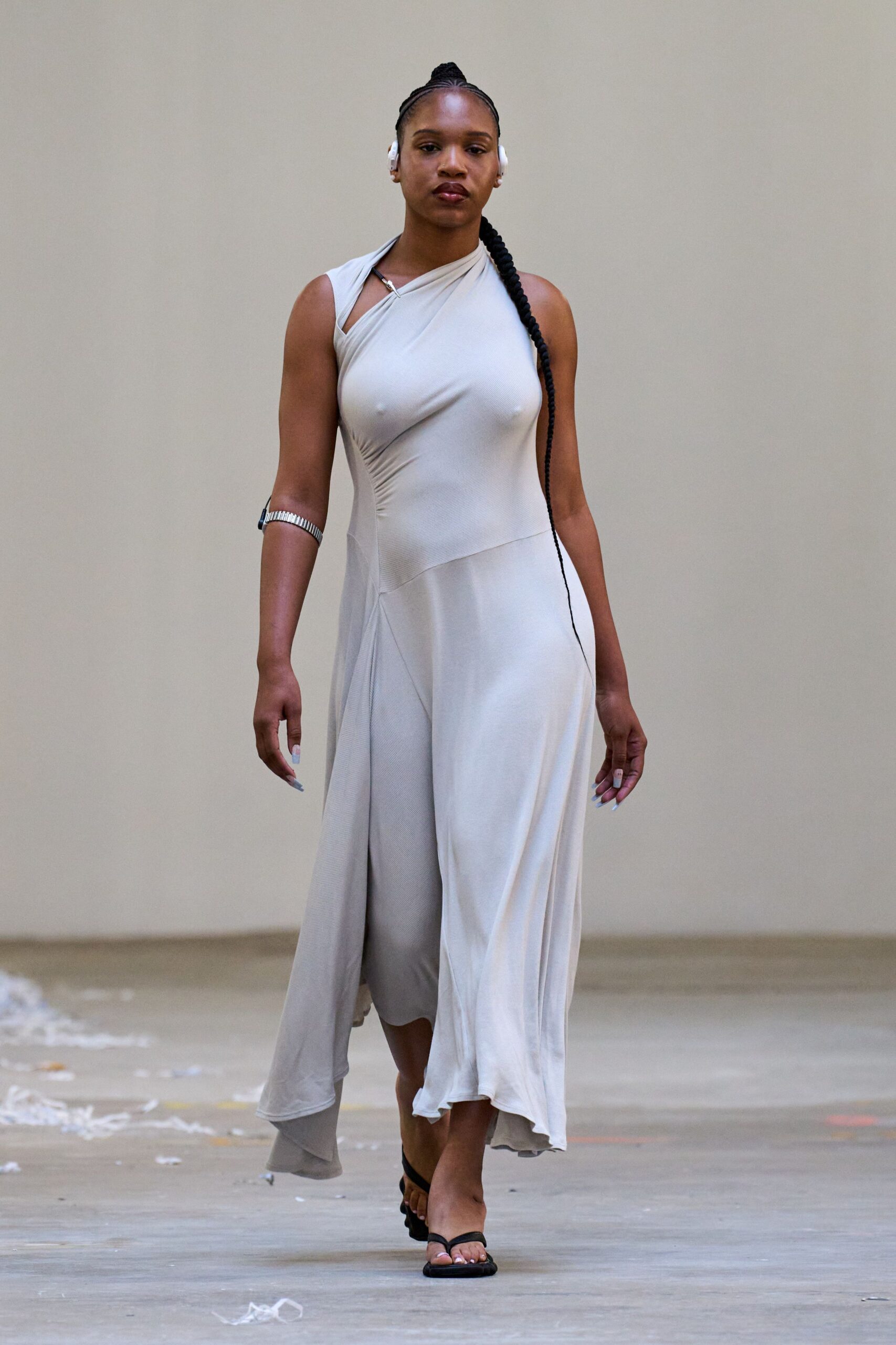 beige silk sleeveless asymmetric fitted draped flowing dress