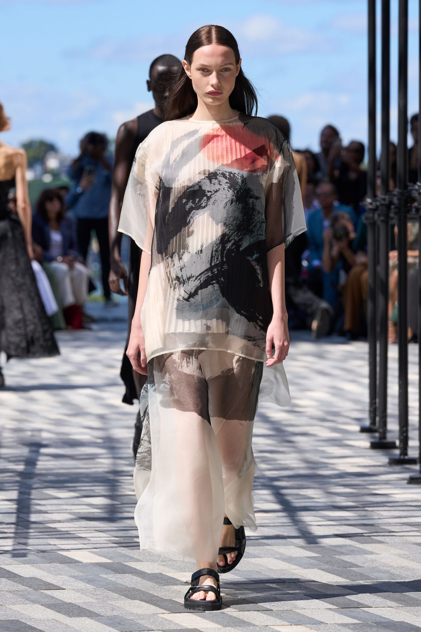 white silk sleeveless high-neck relaxed layered printed dress