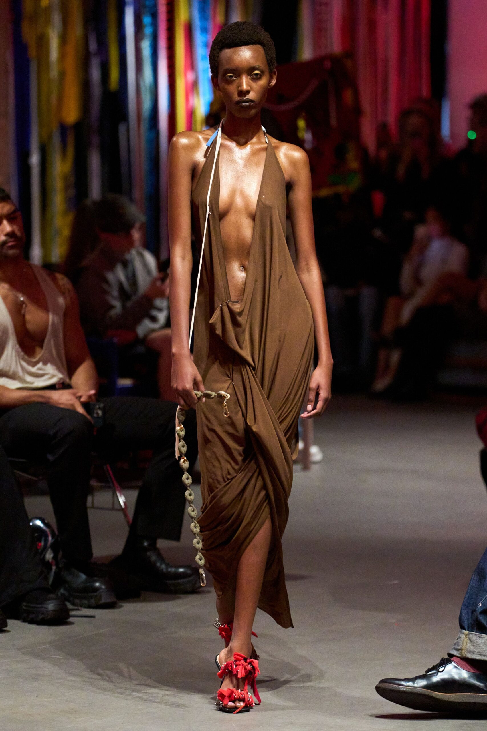 brown silk sleeveless v-neck fitted draped flowing dress
