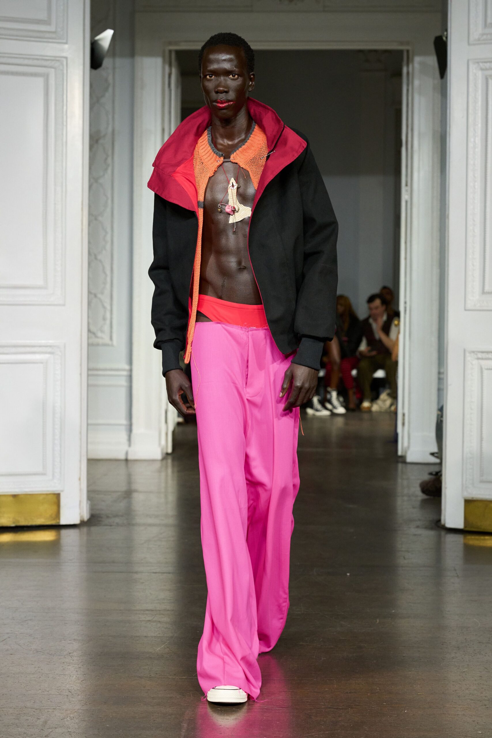 black red hooded jacket with pink pants