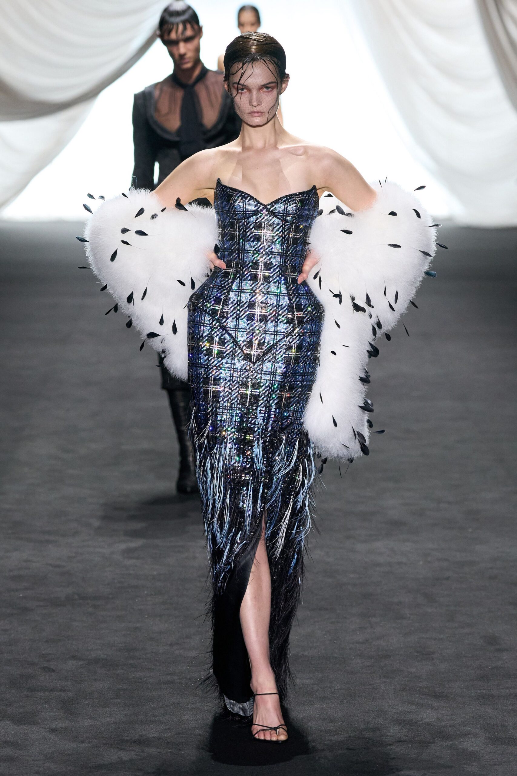 blue black feather embellished gown