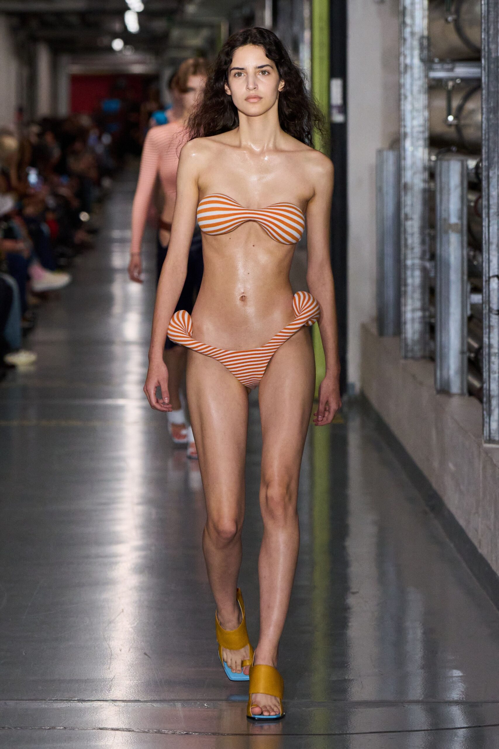 orange cotton strapless fitted striped bikini