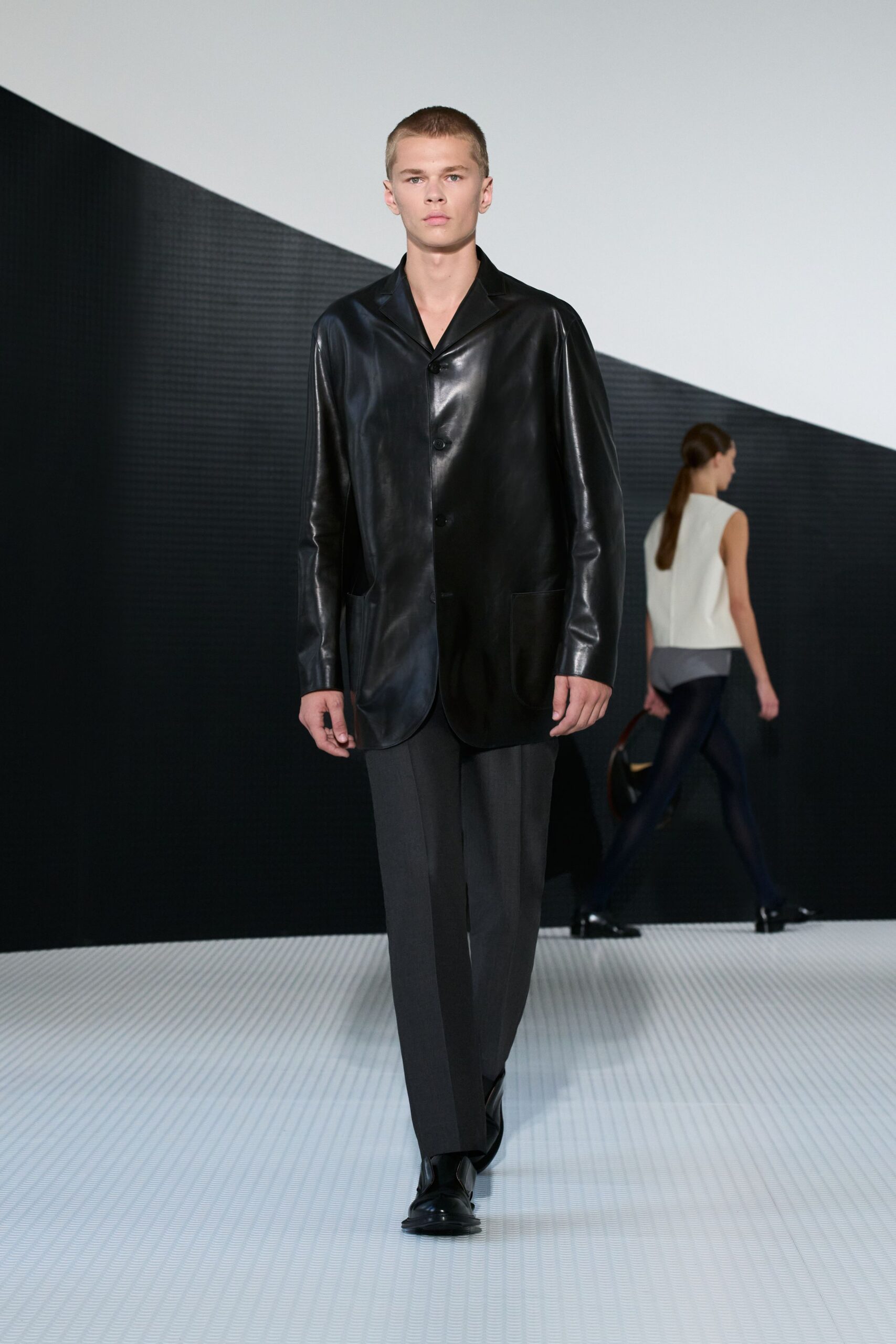 black leather jacket gray tailored pants