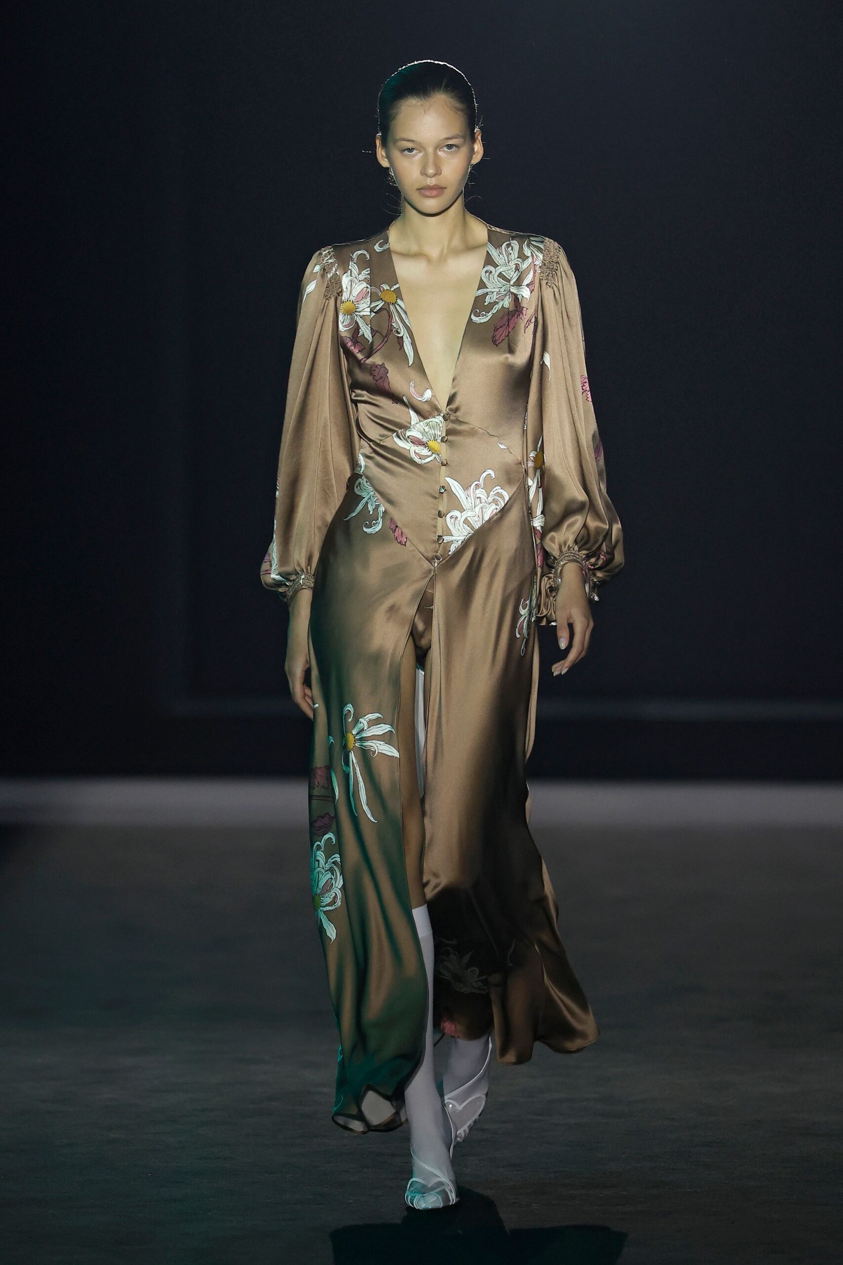 brown silk long-sleeve v-neck fitted embroidered draped gown