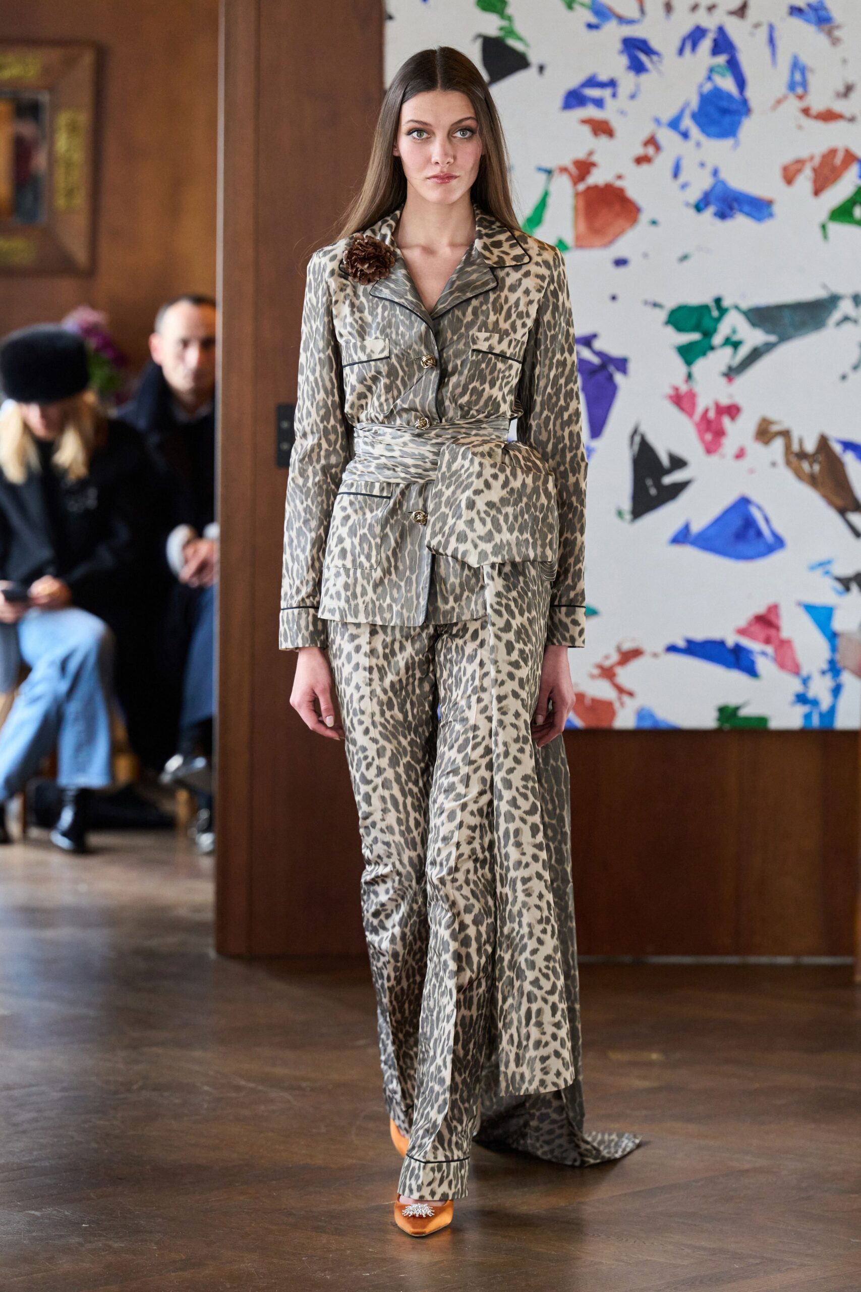beige silk long-sleeve collared fitted animal-print belted suit