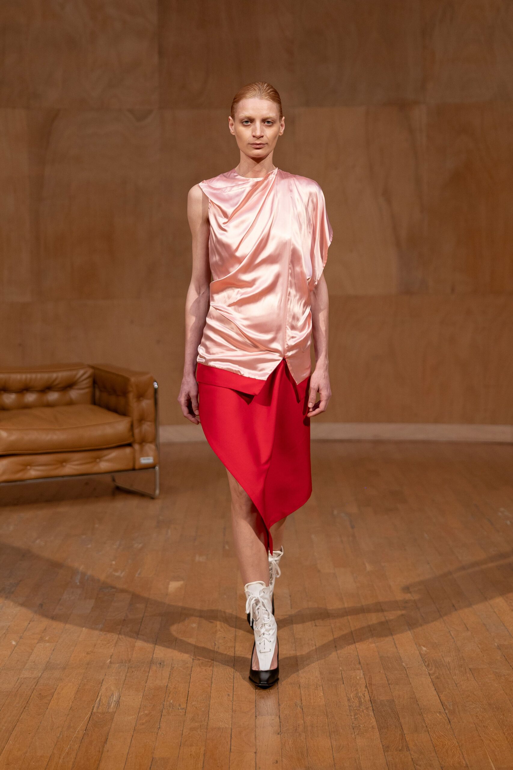 pink silk sleeveless asymmetric fitted draped midi dress