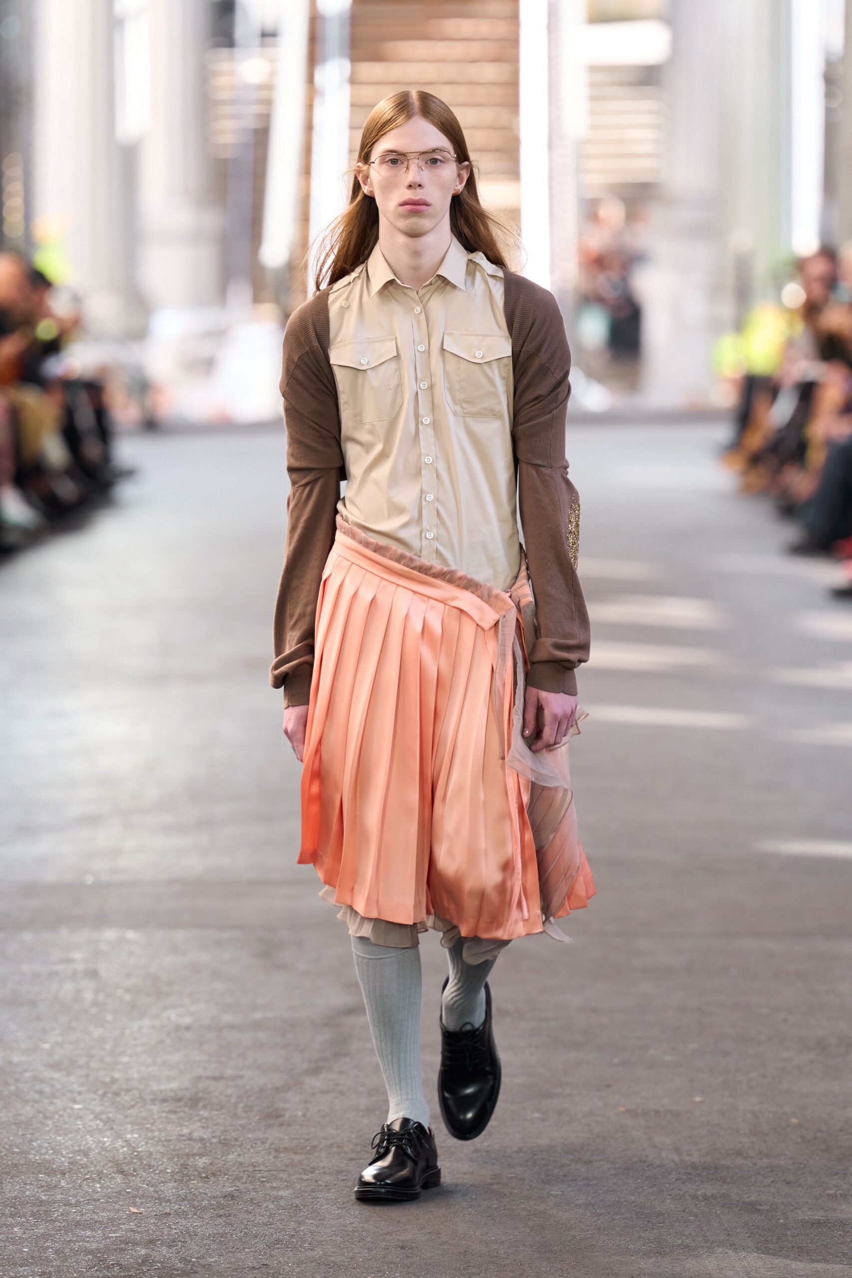 beige shirt brown cardigan peach skirt