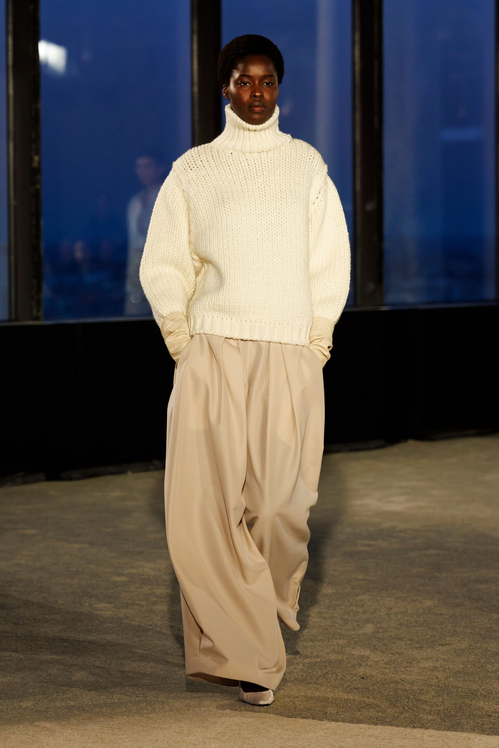 white oversized sweater beige wide-leg pants