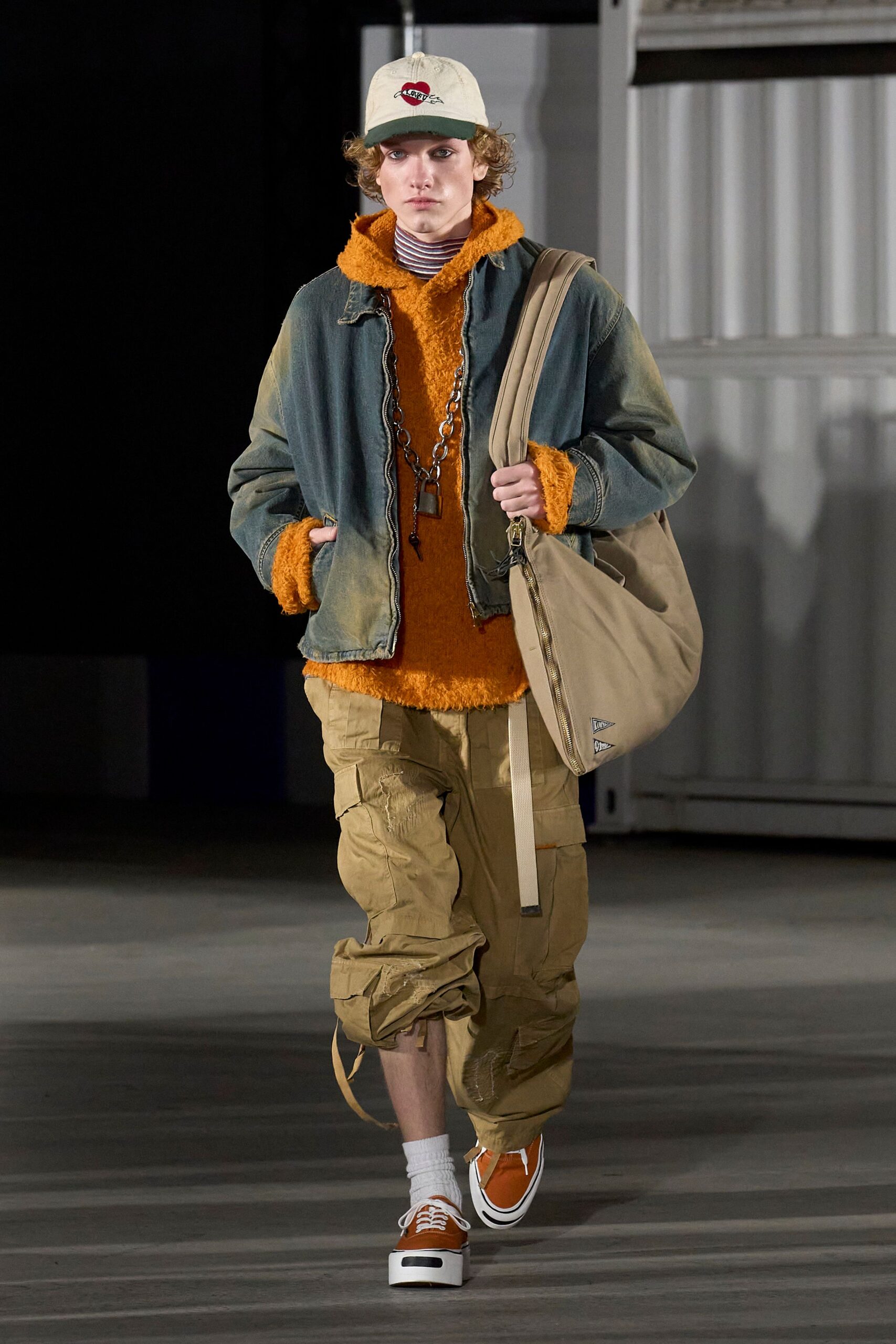 blue denim jacket orange top