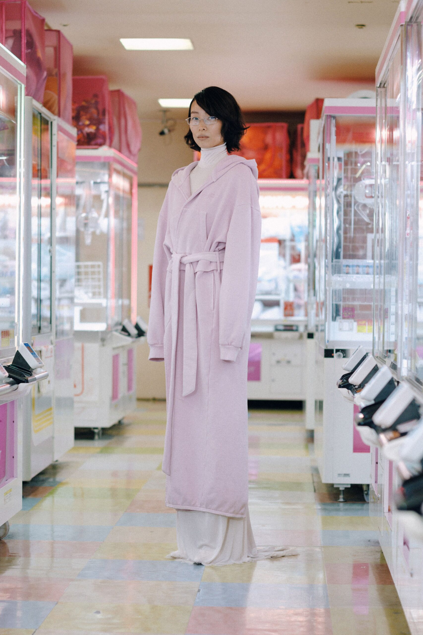 pink cotton long-sleeve hooded oversized belted maxi coat