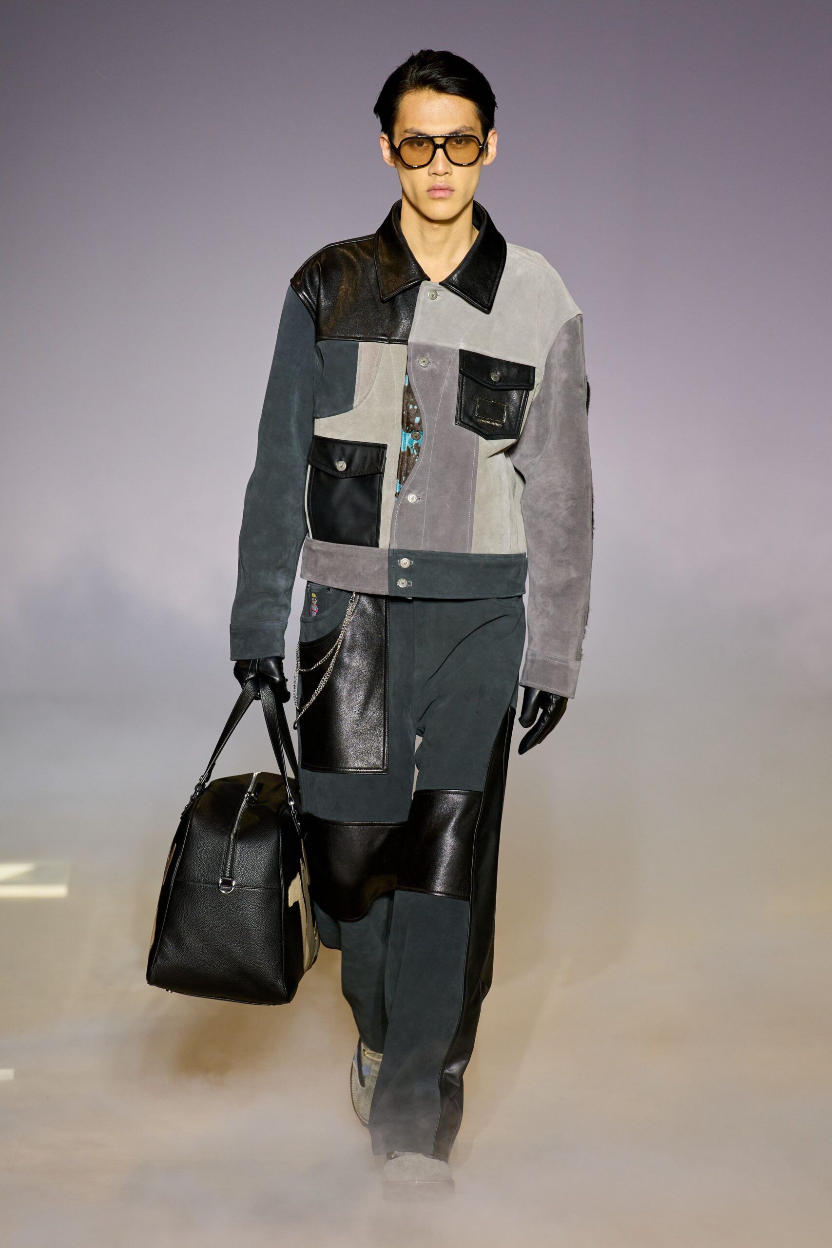 gray black leather jacket and pants