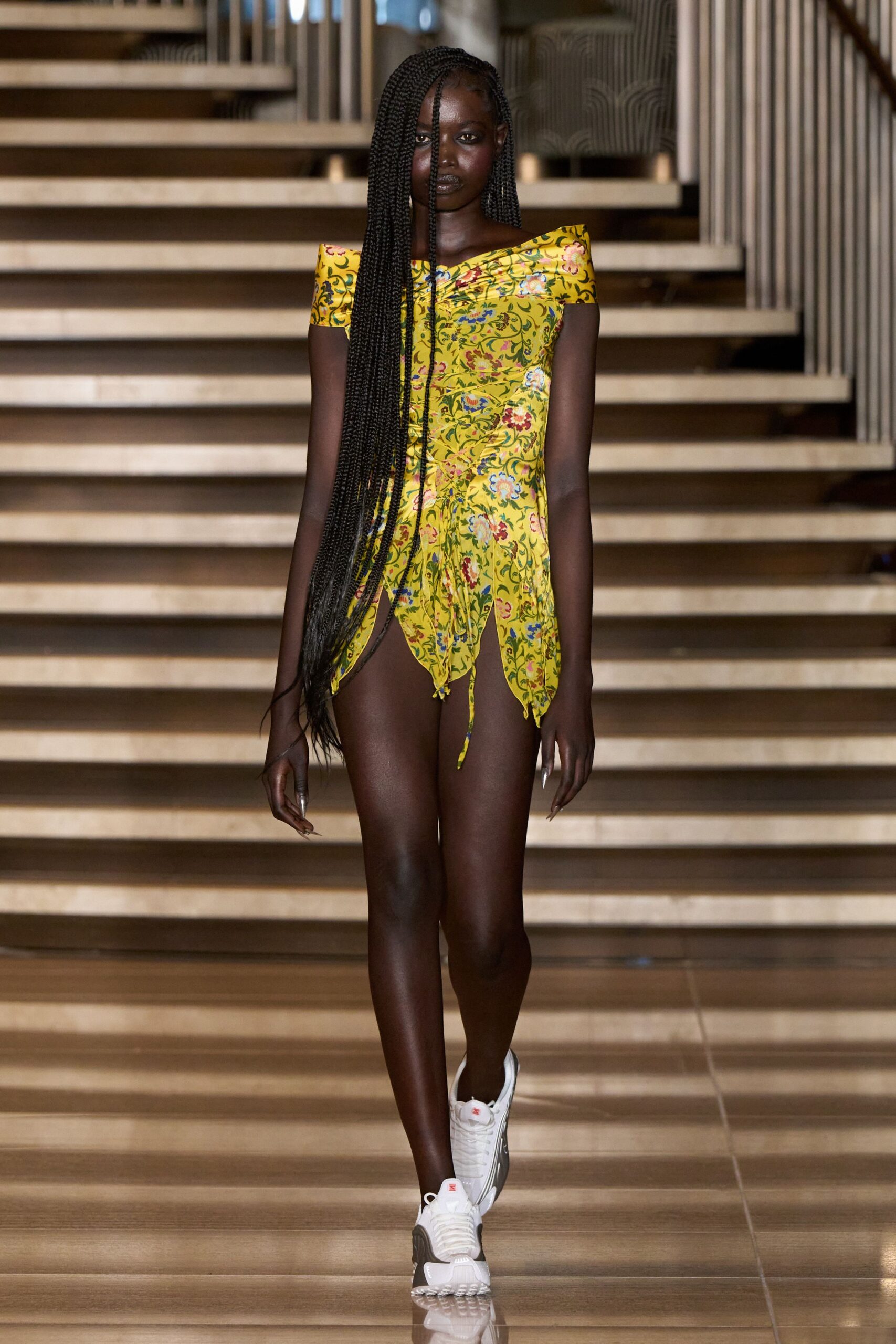 yellow cotton sleeveless off-shoulder fitted floral draped dress